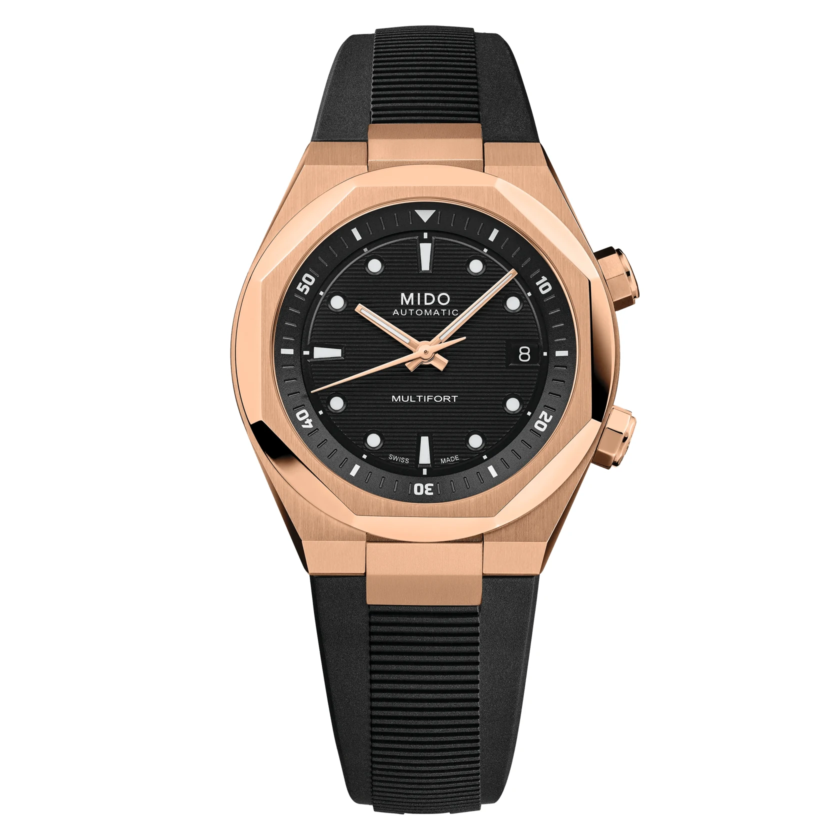 Mido Multifort 8 two crowns, rose gold, rubber strap men's watch M047.507.37.051.00