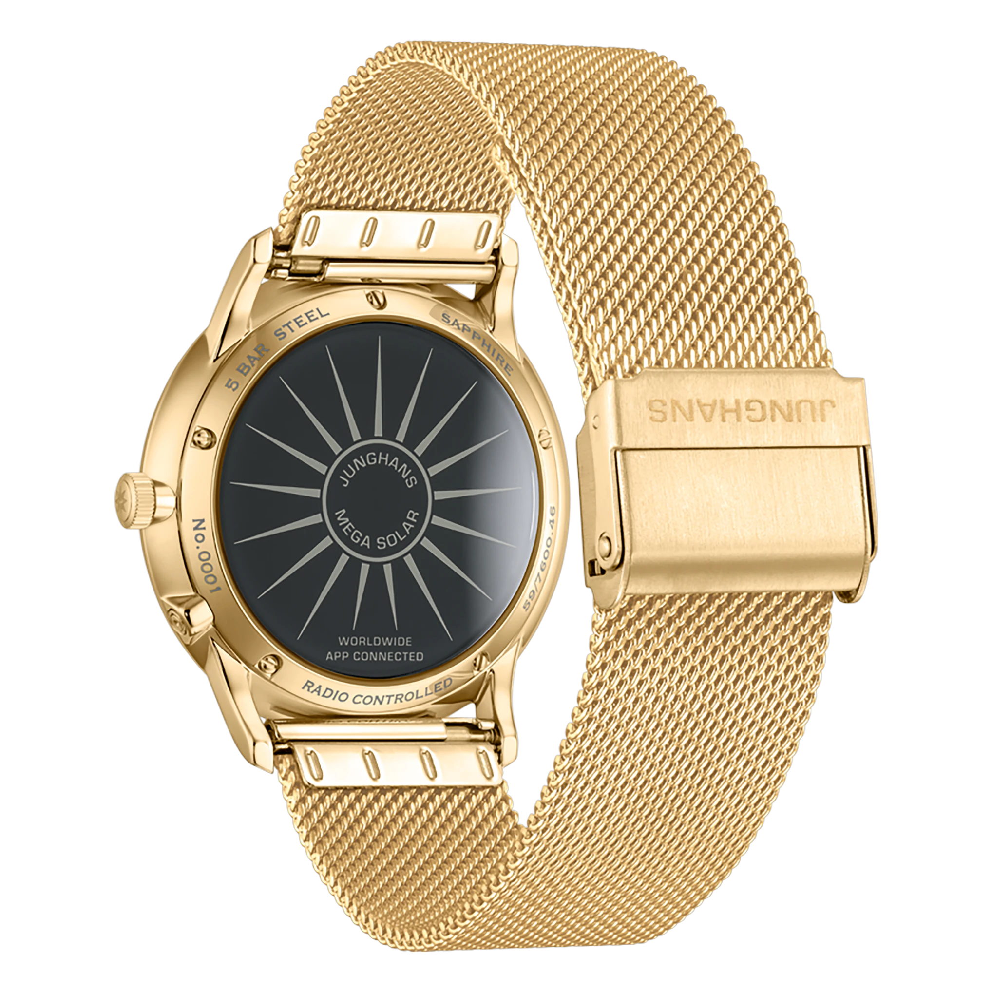 Junghans Meister MEGA Solar, radio-controlled solar movement, 38 mm, Milanese bracelet gold men's watch 59/7600.46