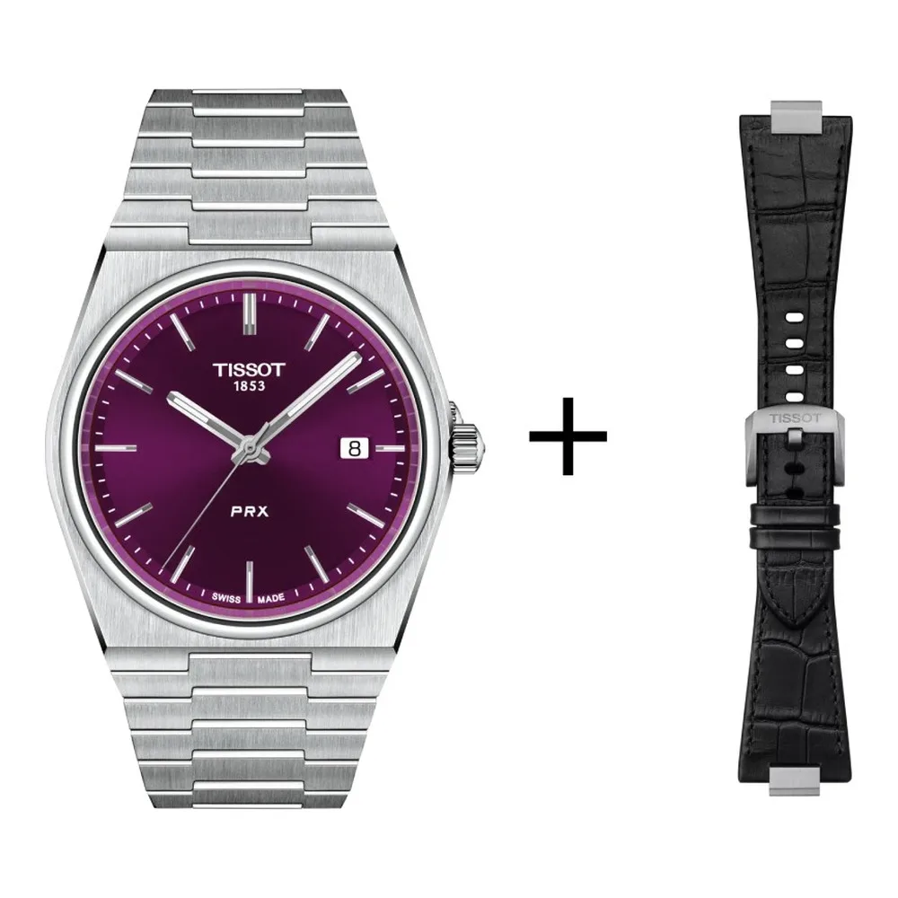 Tissot PRX 40mm purple, quartz movement, stainless steel, sapphire crystal men's watch T137.410.11.401.00 set with black leather strap