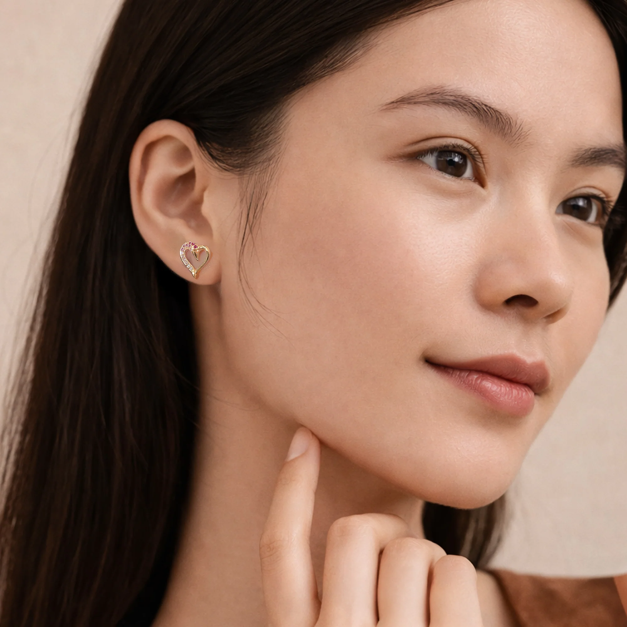 At the time, earrings: Blush Swan Heart Earrings with Pink and White Zirconia