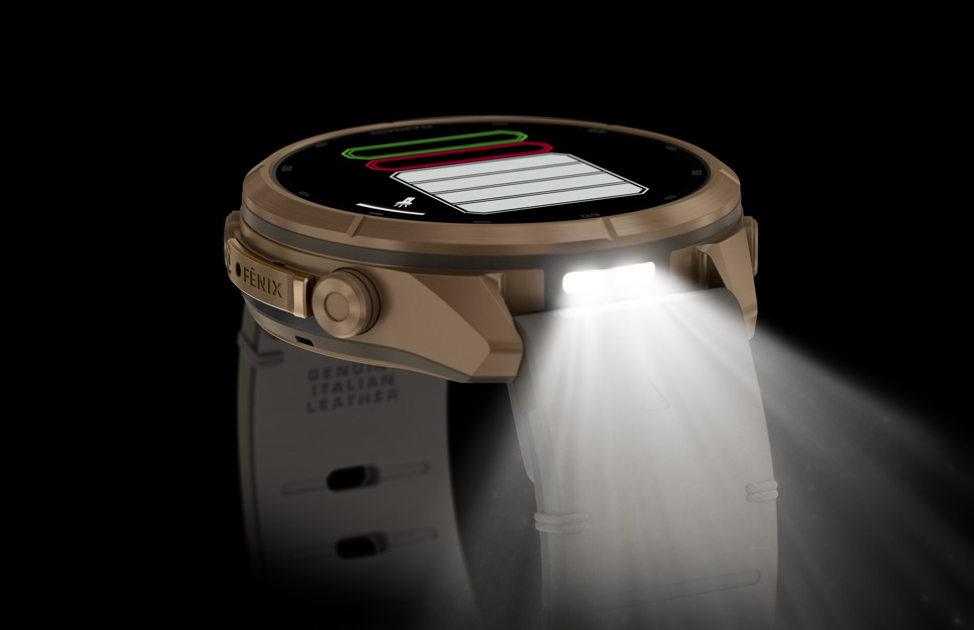 Garmin fēnix® 9 Pro inReach® - 43 mm AMOLED Sapphire Autumn Gold Titanium with Bone Leather Band + Cream/French Gray Silicone Band 010-04335-41