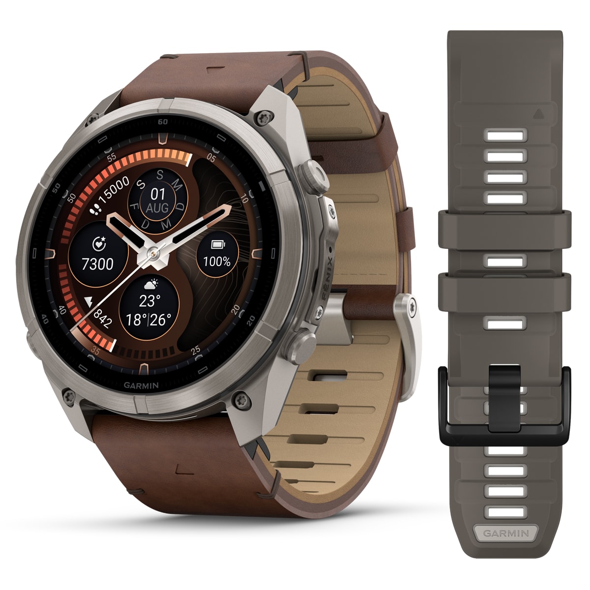 Garmin fēnix® 9 Pro inReach® - 51 mm AMOLED Sapphire Titanium with Walnut Leather Band + Pebble Gray/Silver Gray Silicone Band 010-04337-41