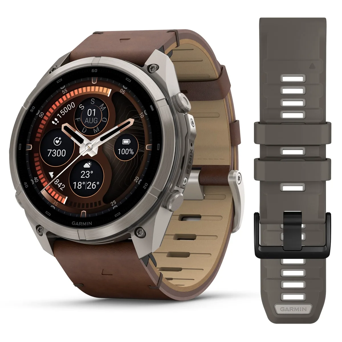Garmin fēnix® 9 Pro inReach® - 51 mm AMOLED Sapphire Titanium with Walnut Leather Band + Pebble Gray/Silver Gray Silicone Band 010-04337-41
