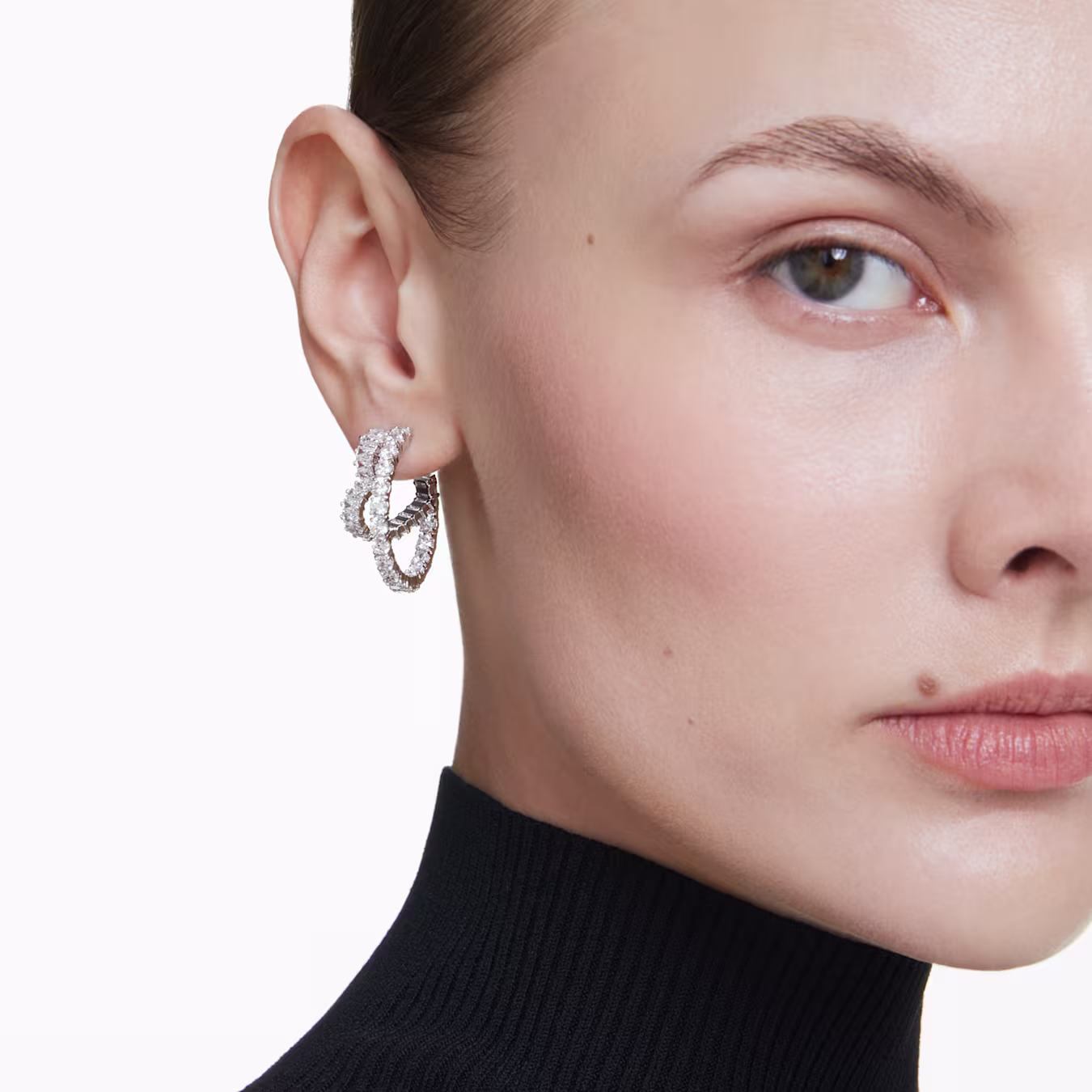 Swarovski Matrix hoop earrings, various cuts, heart, white, rhodium-plated