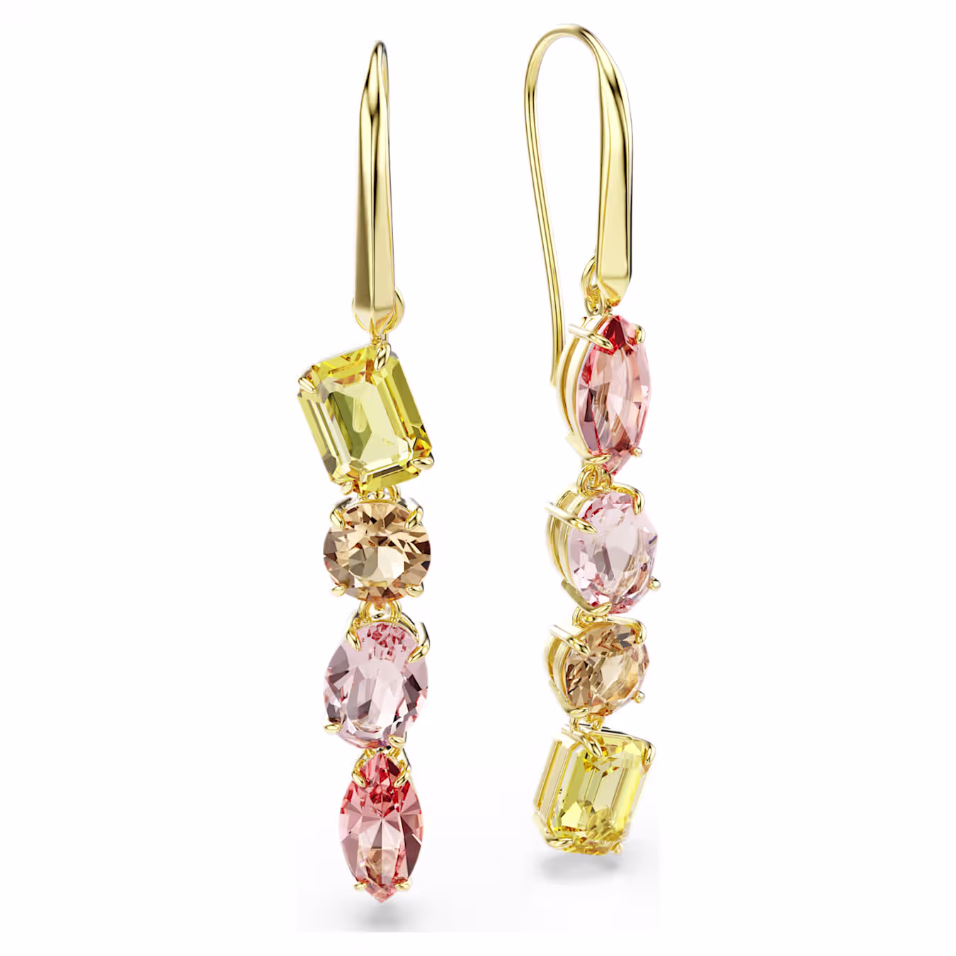 Swarovski Gema Drop Earrings, Asymmetrical Design, Various Cuts, Pink, Gold Alloy Layer