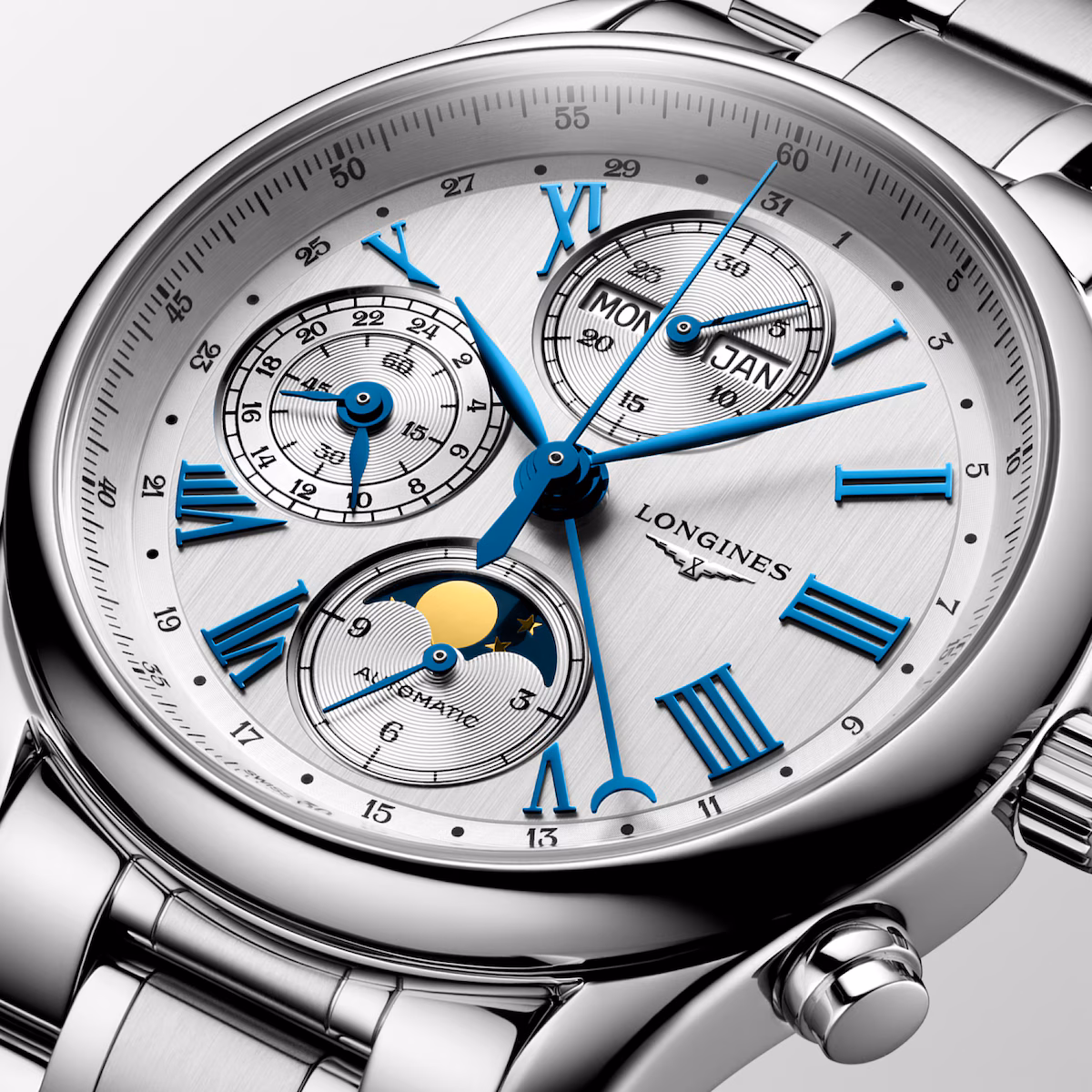 Longines Master Collection Chronograph Moon Phase Stainless Steel Bracelet Silver Men's Watch L2.673.4.71.6