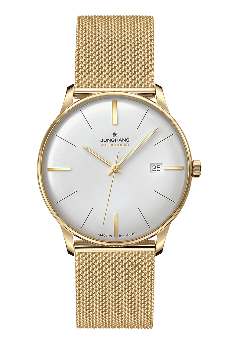 Junghans Meister MEGA Solar, radio-controlled solar movement, 38 mm, Milanese bracelet gold men's watch 59/7600.46