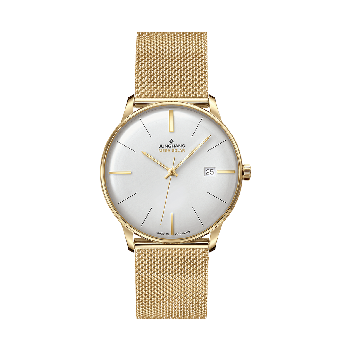 Junghans Meister MEGA Solar, radio-controlled solar movement, 38 mm, Milanese bracelet gold men's watch 59/7600.46