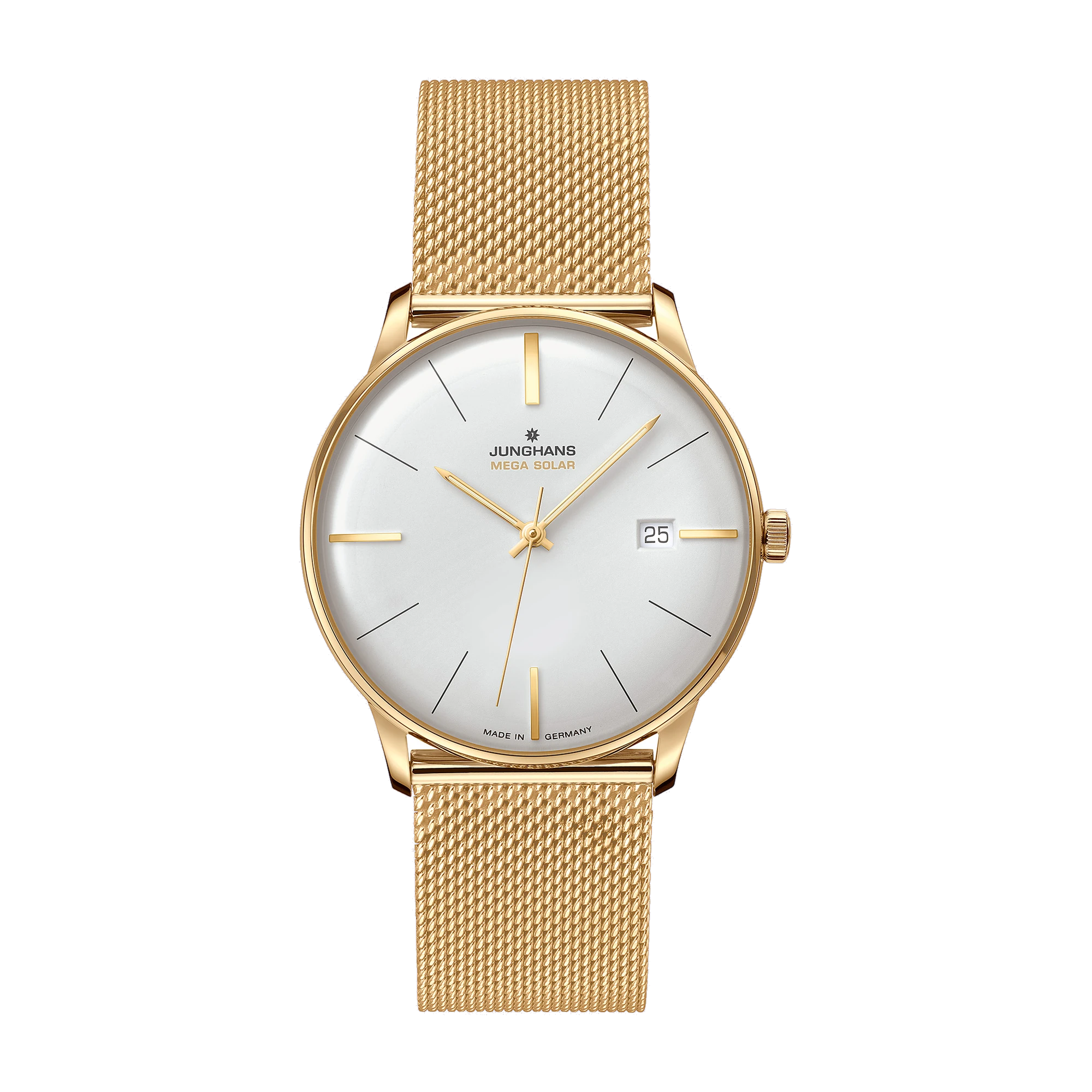 Junghans Meister MEGA Solar, radio-controlled solar movement, 38 mm, Milanese bracelet gold men's watch 59/7600.46