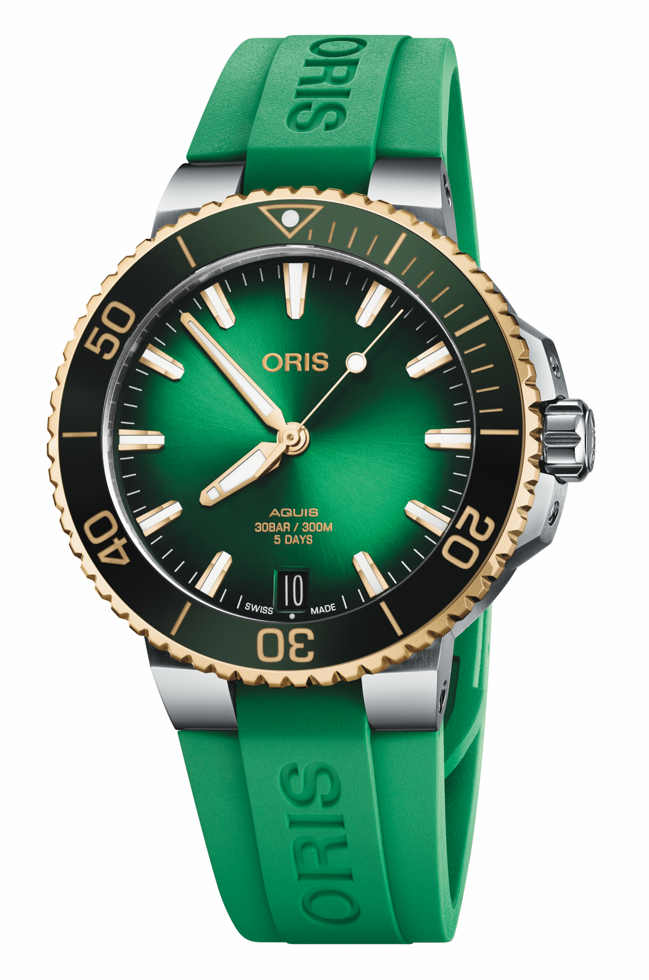 Oris Aquis Date Calibre 400, 41.5mm, rotating bezel in 18-karat yellow gold, diver's watch, green men's watch 01 400 7769 6357-07 4 22 77FC