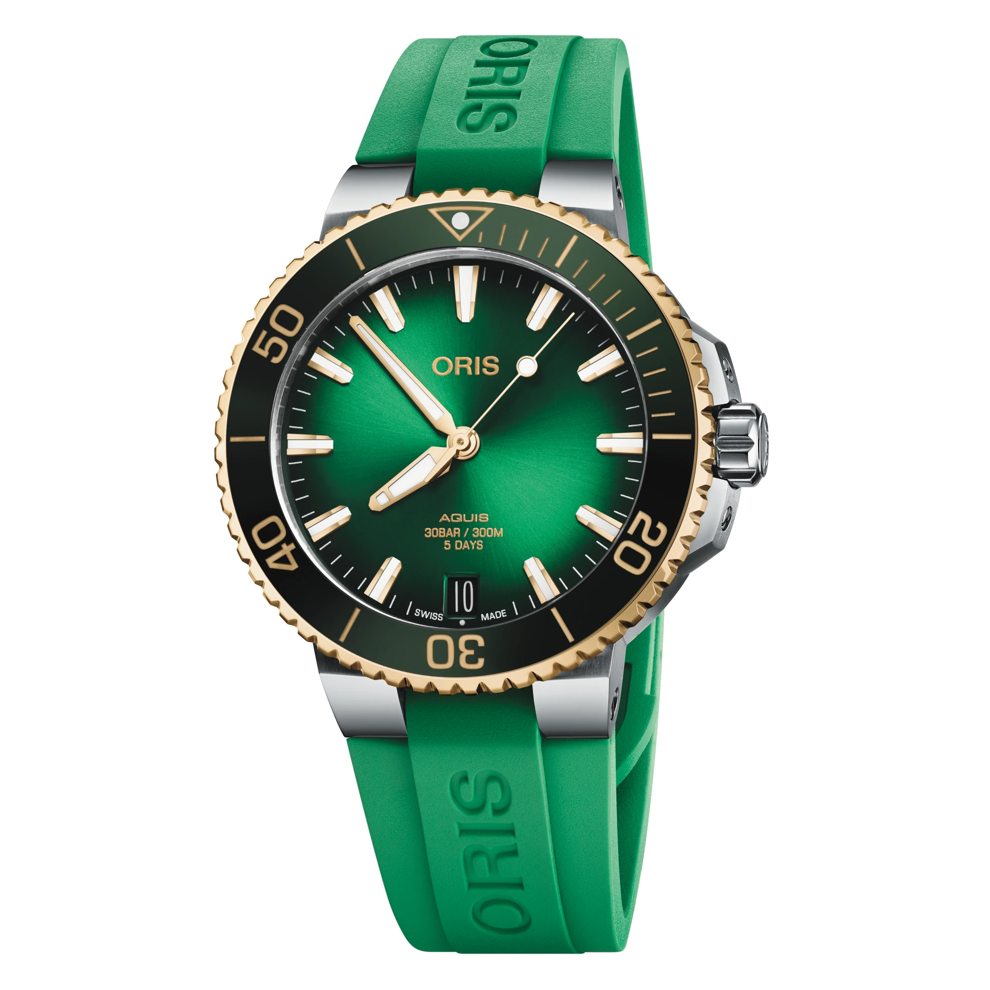Oris Aquis Date Calibre 400, 41.5mm, rotating bezel in 18-karat yellow gold, diver's watch, green men's watch 01 400 7769 6357-07 4 22 77FC