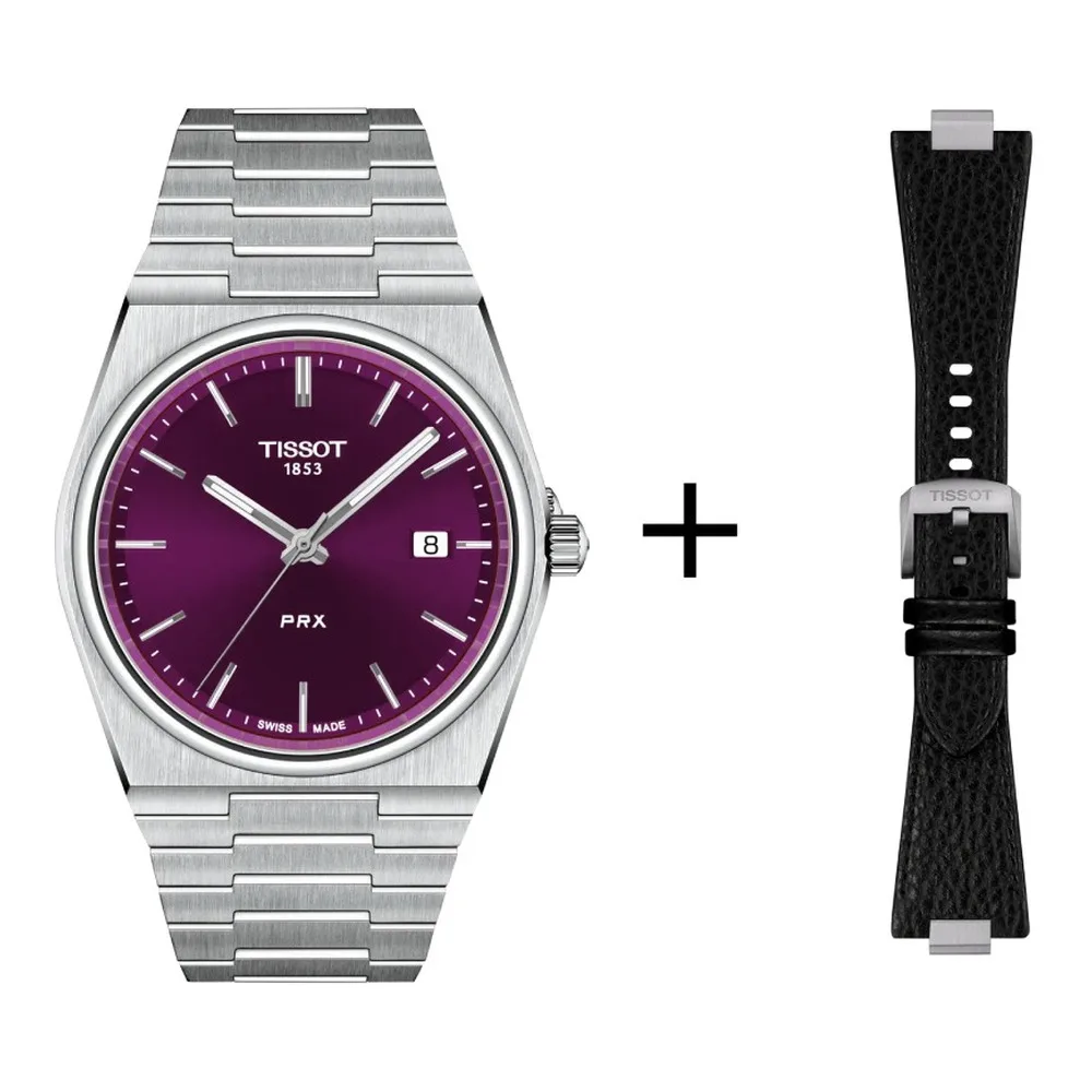 Tissot PRX 40mm purple, quartz movement, stainless steel, sapphire crystal men's watch T137.410.11.401.00 set with black leather strap