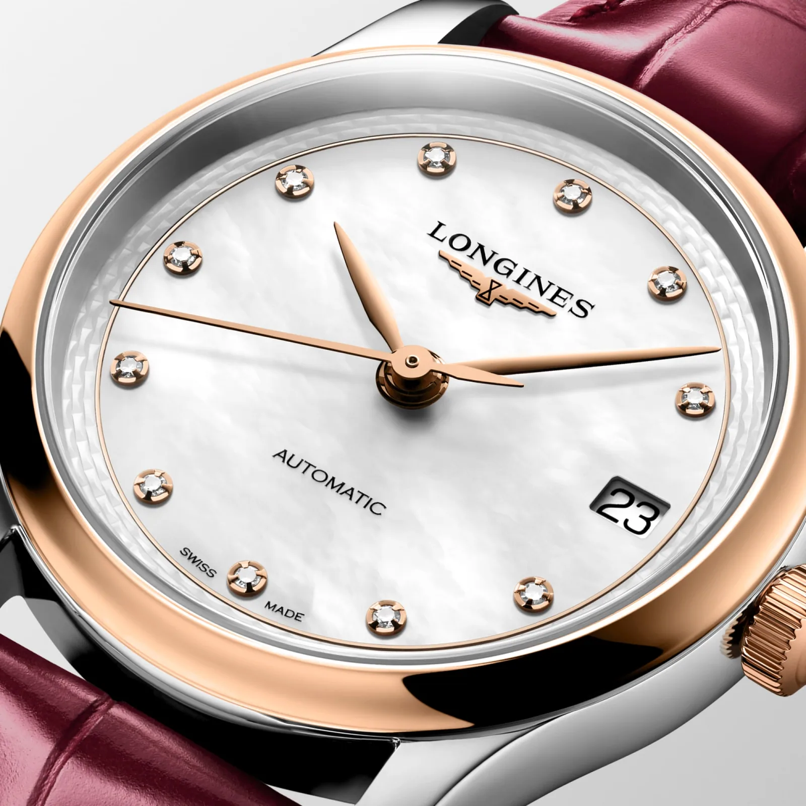 Longines Master Collection Perlmutt Diamanten Two Tone Rose Gold burgundy leather strap 34 mm Women’s Watch L2.450.5.89.2