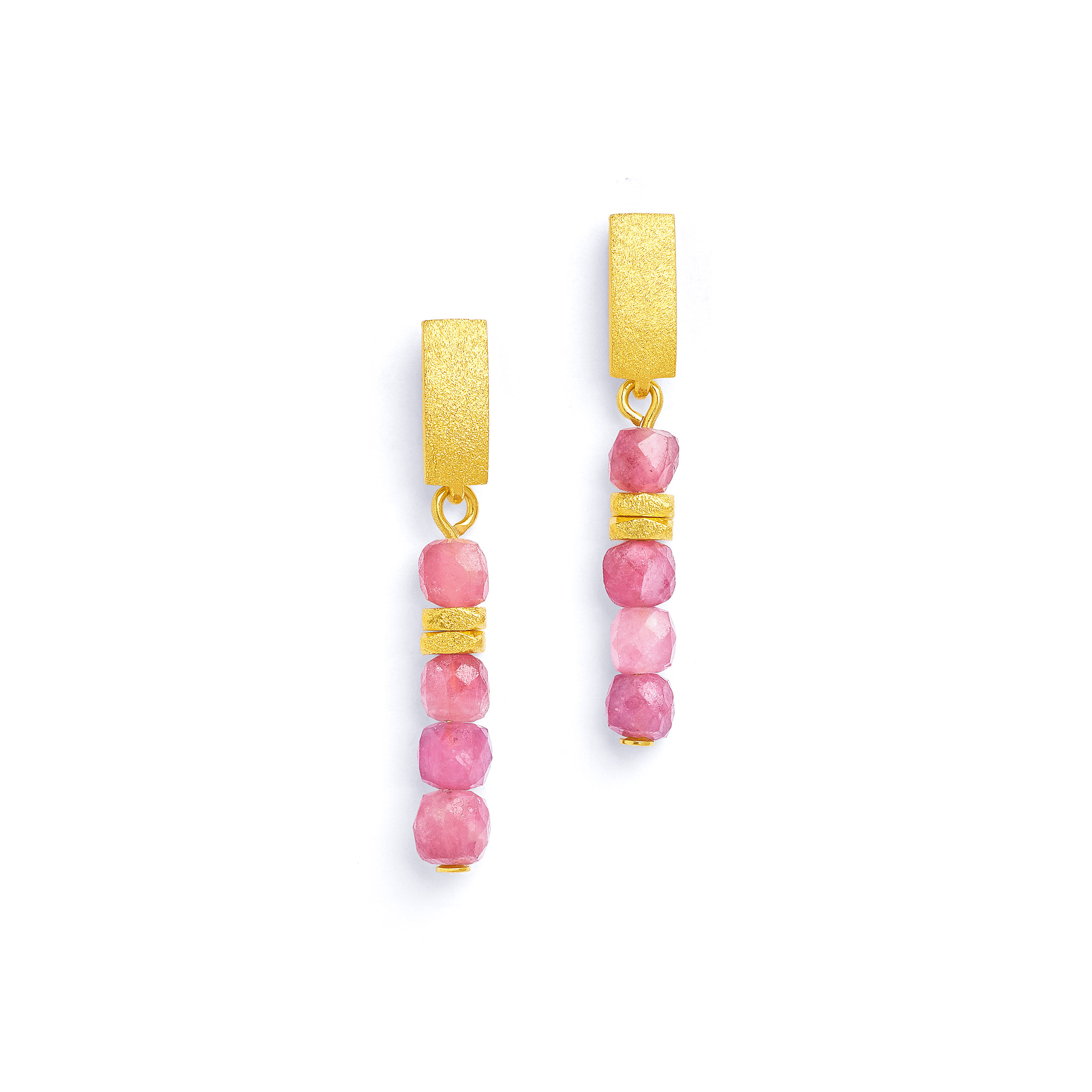 Bernd Wolf earrings Fabella design line Cubes, pink tourmaline, 24-karat gold plated