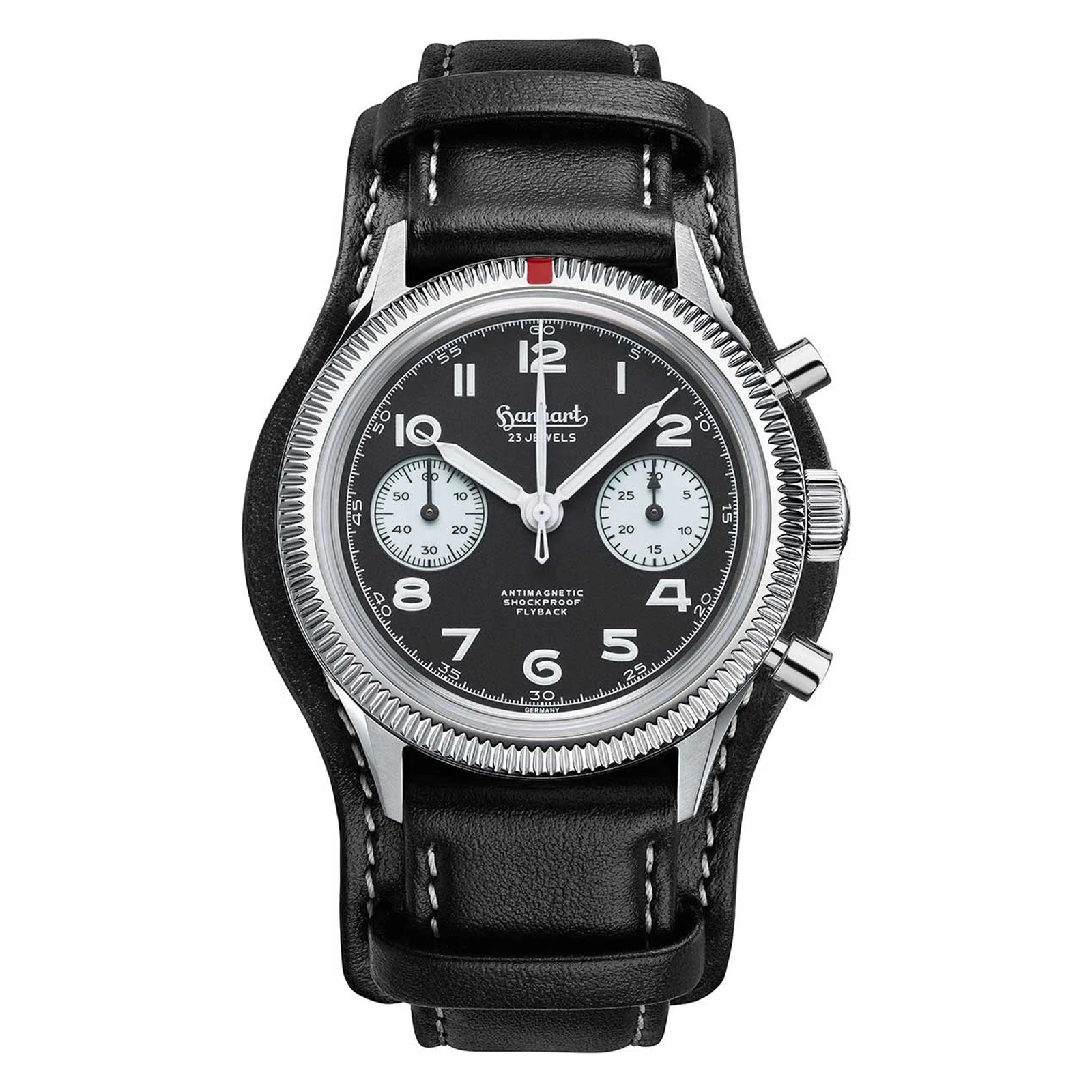 Hanhart 417 ES 1954 Flyback Reverse Panda 39 mm Leather Strap Black Men's Watch H701.211-7010