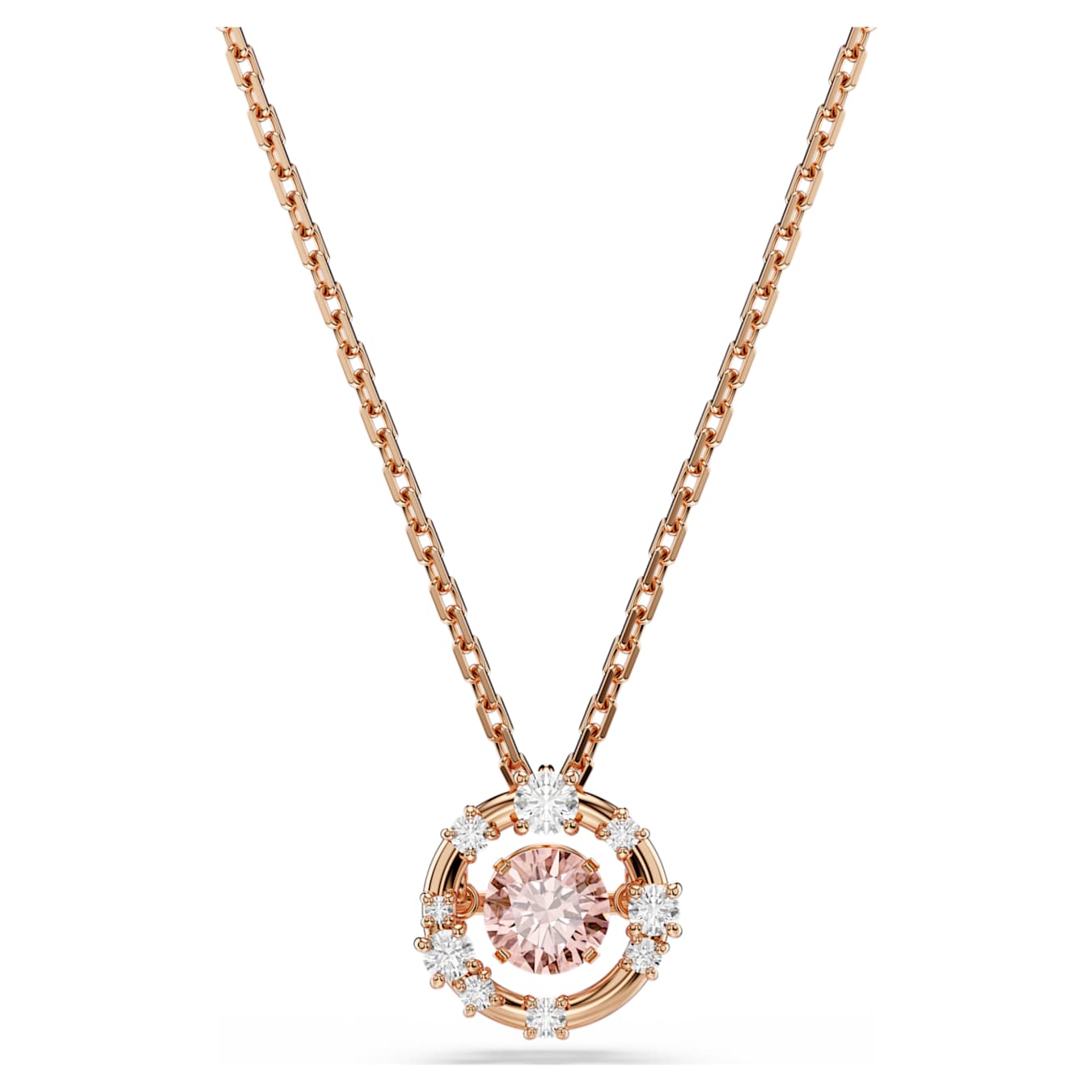 Swarovski Constella pendant, round cut, Dancing Stone, pink, rose gold alloy layer