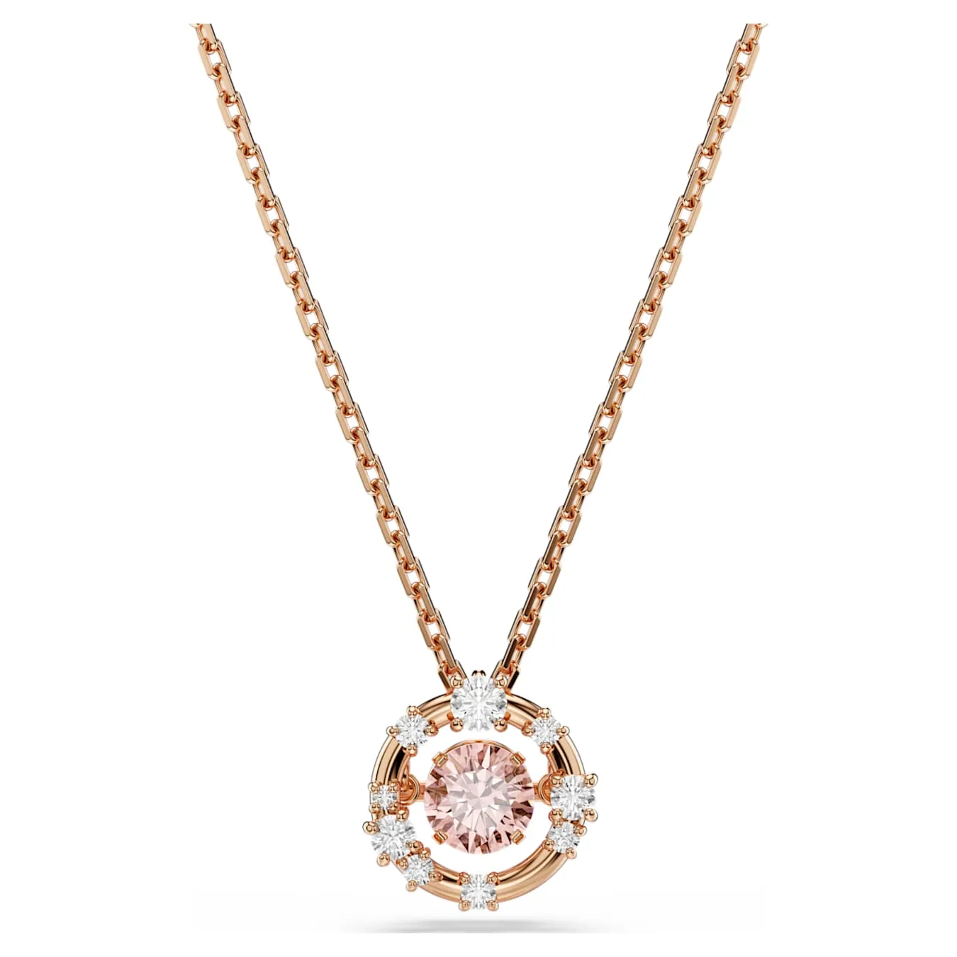 Swarovski Constella pendant, round cut, Dancing Stone, pink, rose gold alloy layer
