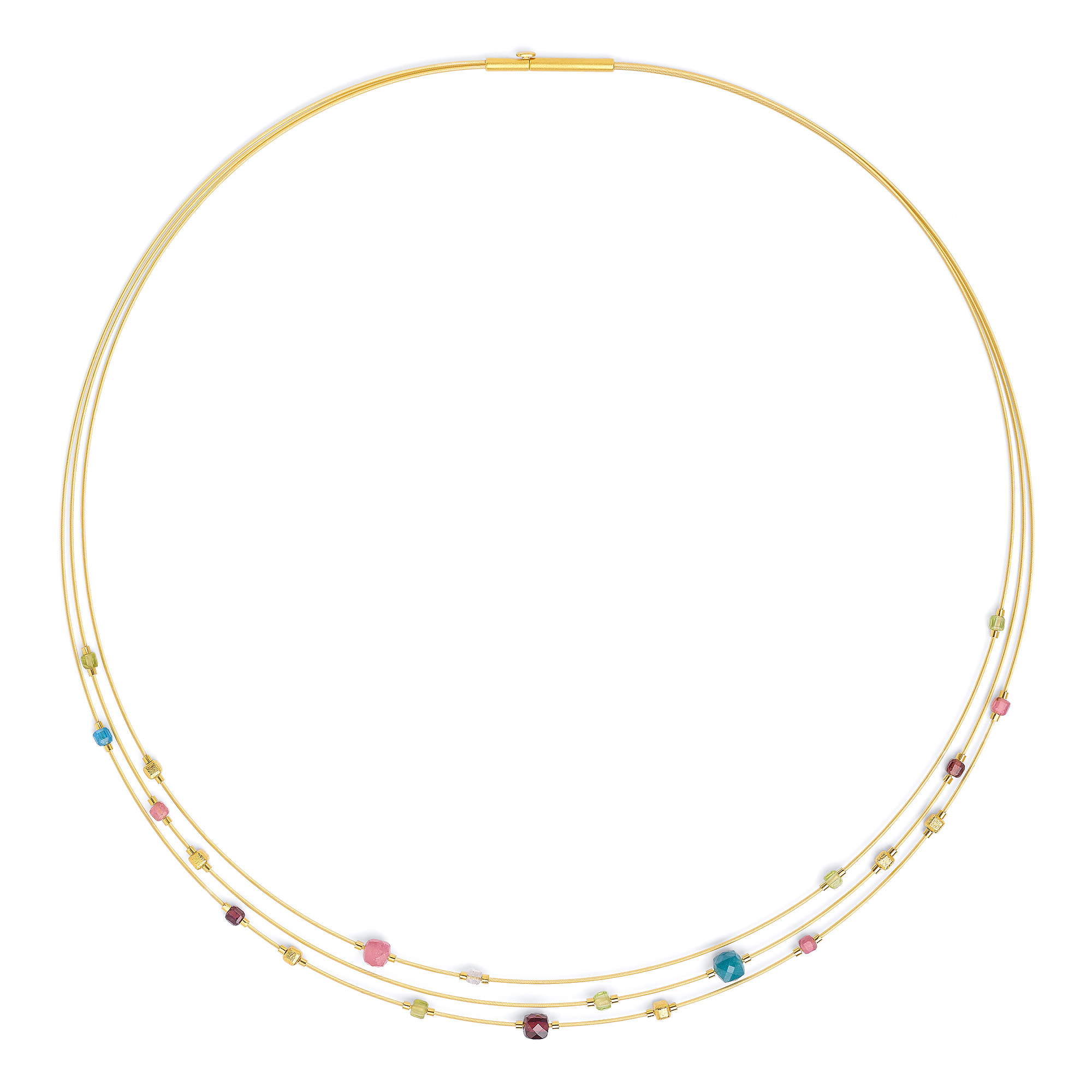 Bernd Wolf Cubicolio Cubes design line necklace, 24-karat gold plated, pink tourmaline, button clasp