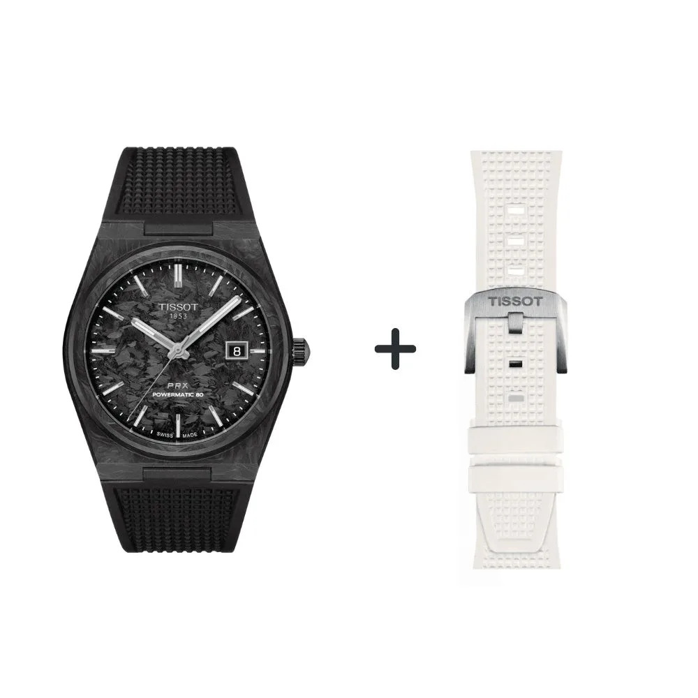Tissot PRX 80 Carbon men's watch T137.907.97.201.00 set with white silicone strap
