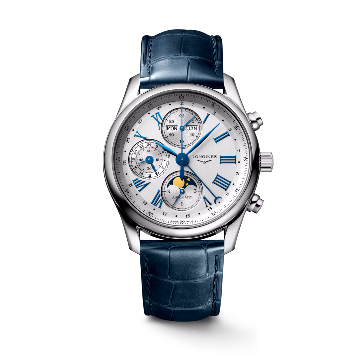 Longines Master Collection Chronograph Moon Phase Silver Leather Strap Men's Watch L2.673.4.71.2