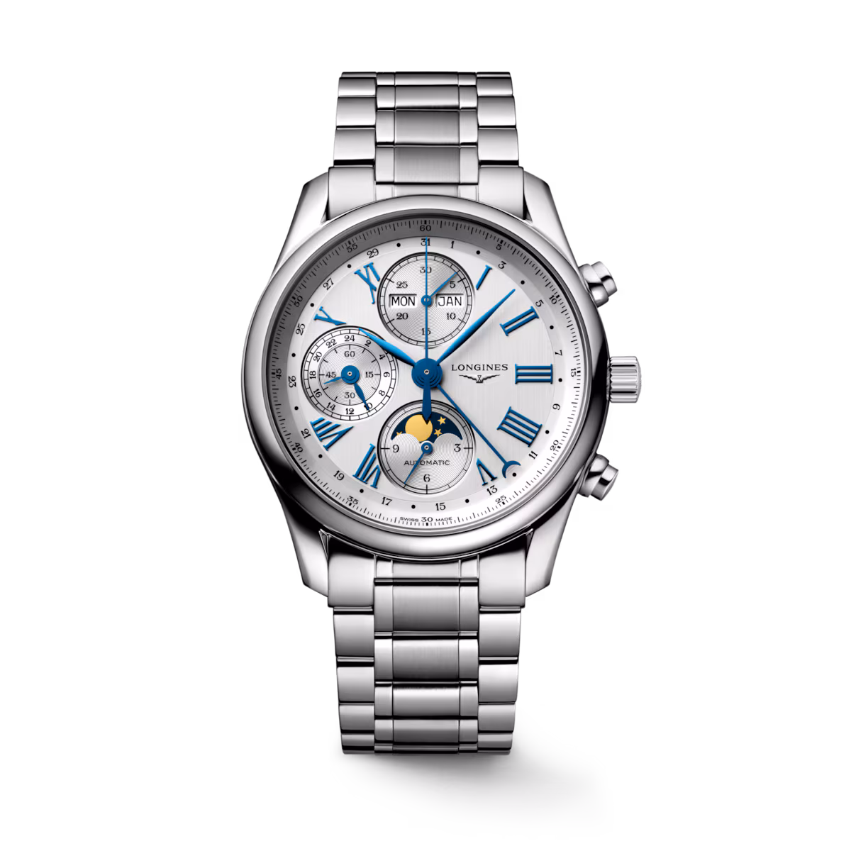 Longines Master Collection Chronograph Moon Phase Stainless Steel Bracelet Silver Men's Watch L2.673.4.71.6