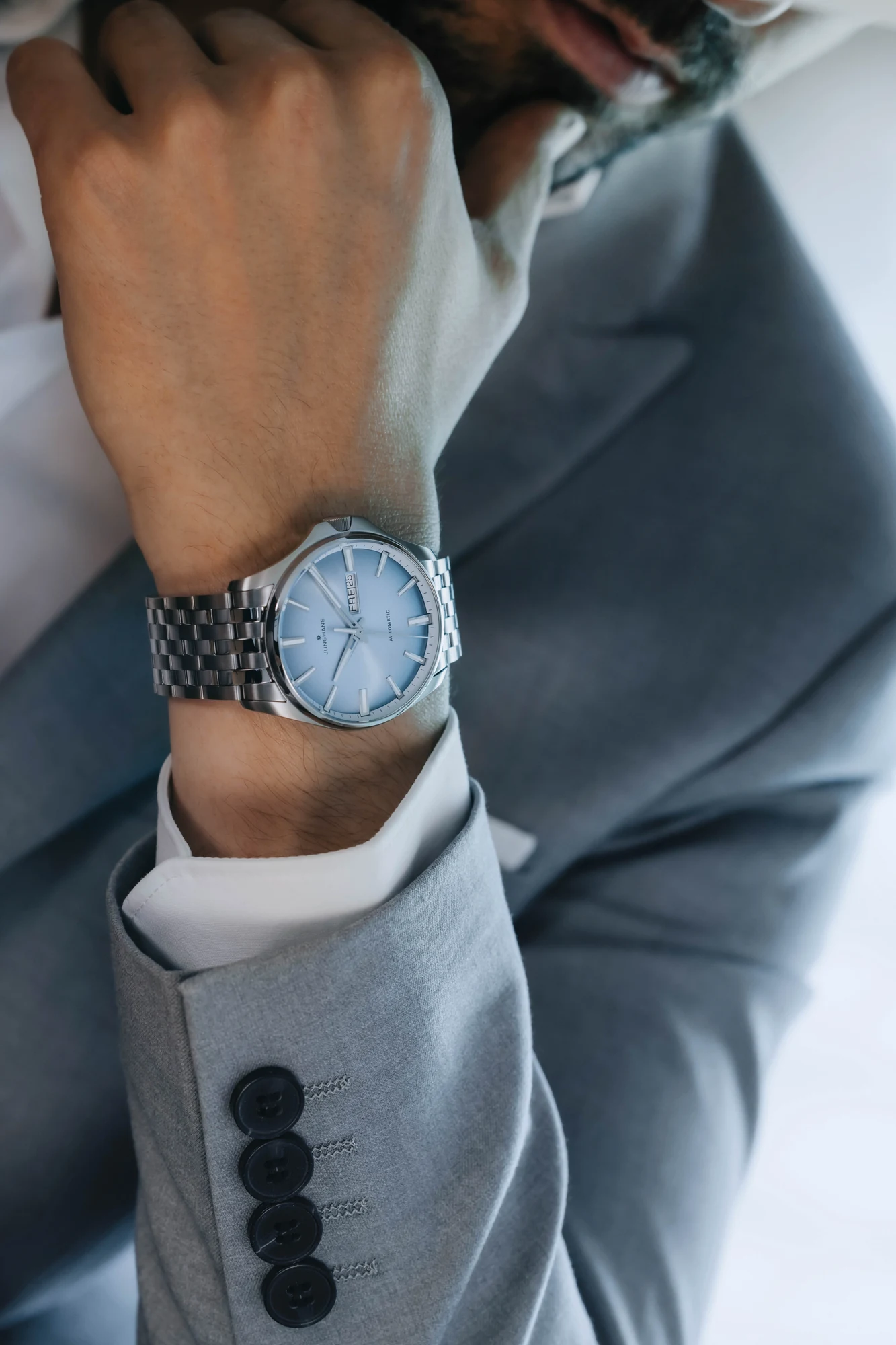 Junghans Meister S Automatic, 44mm, light blue dial, stainless steel bracelet, men's watch 27/4614.44