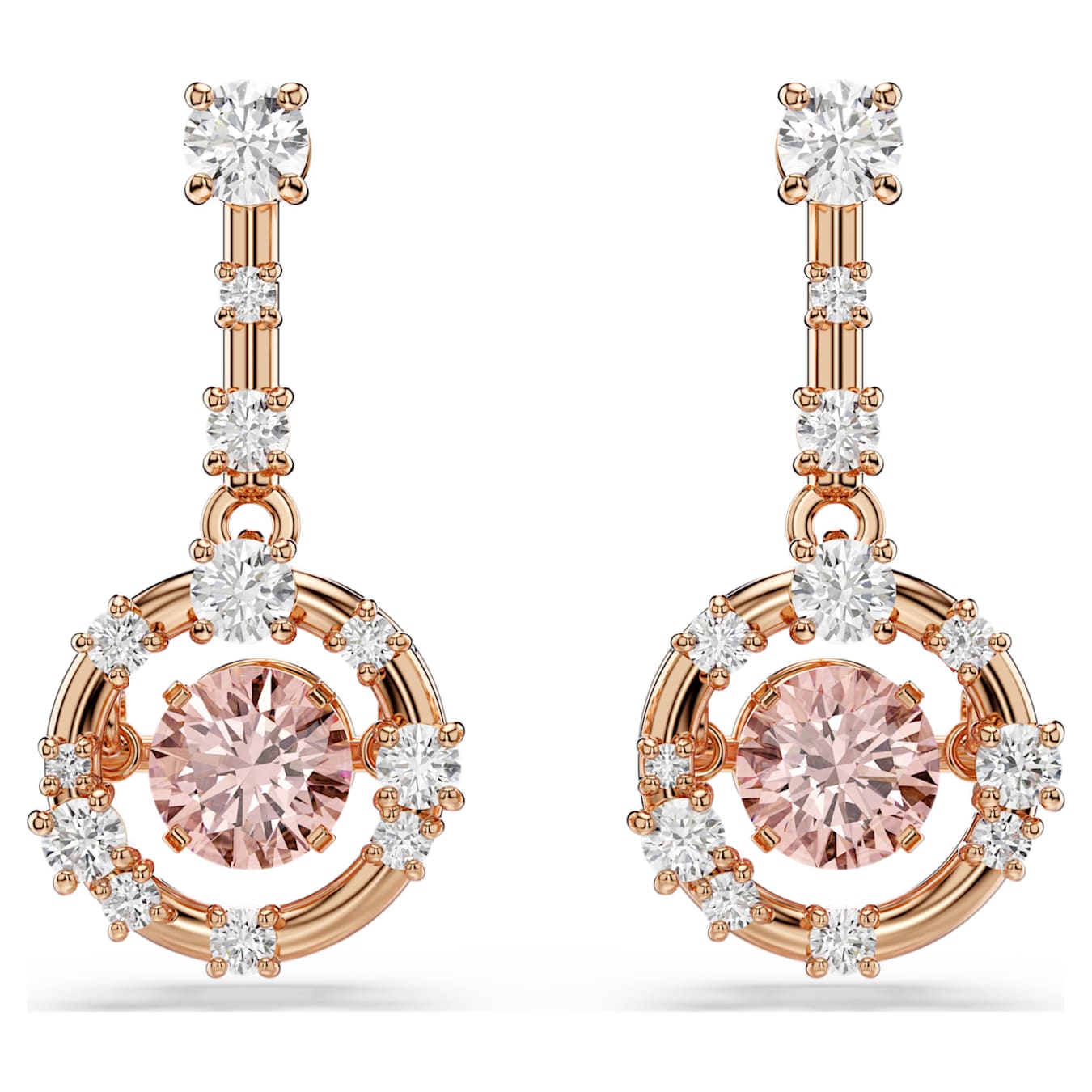 Swarovski Constella Drop Earrings, Round Cut, Dancing Stone, Pink, Rose Gold Alloy Layer