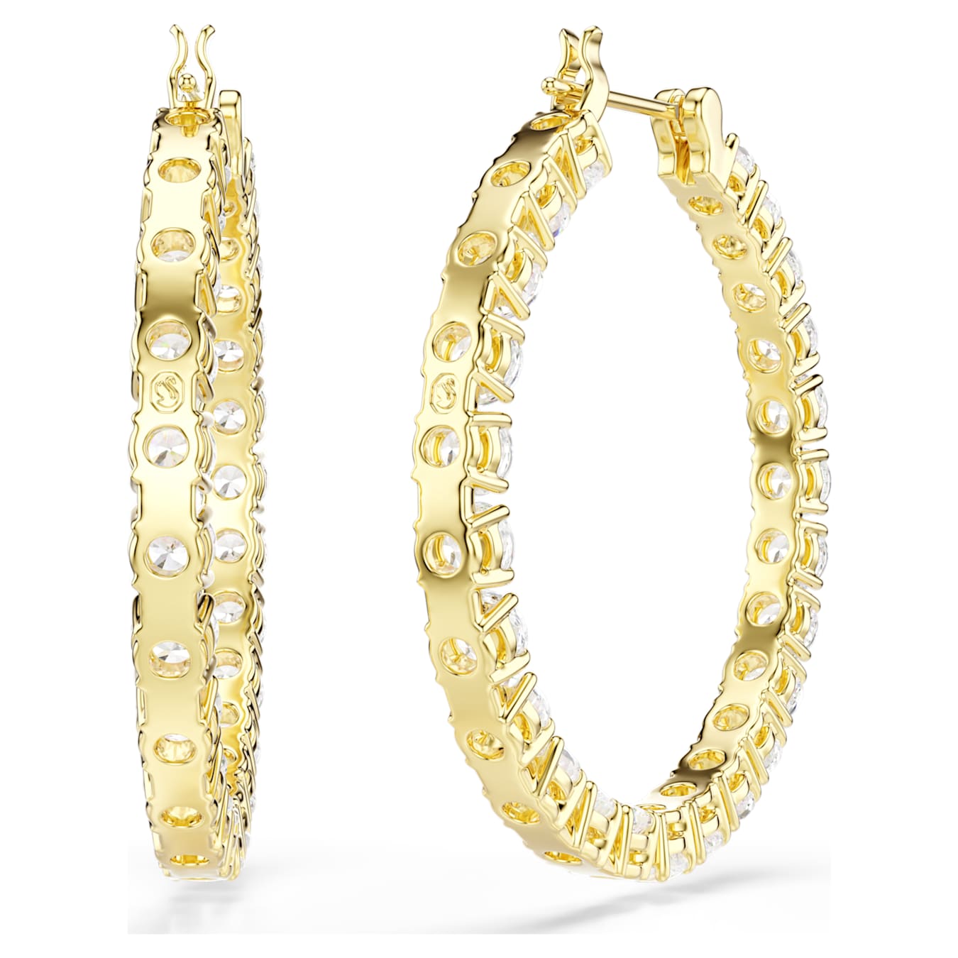 Swarovski Matrix hoop earrings, round cut, white, gold alloy layer