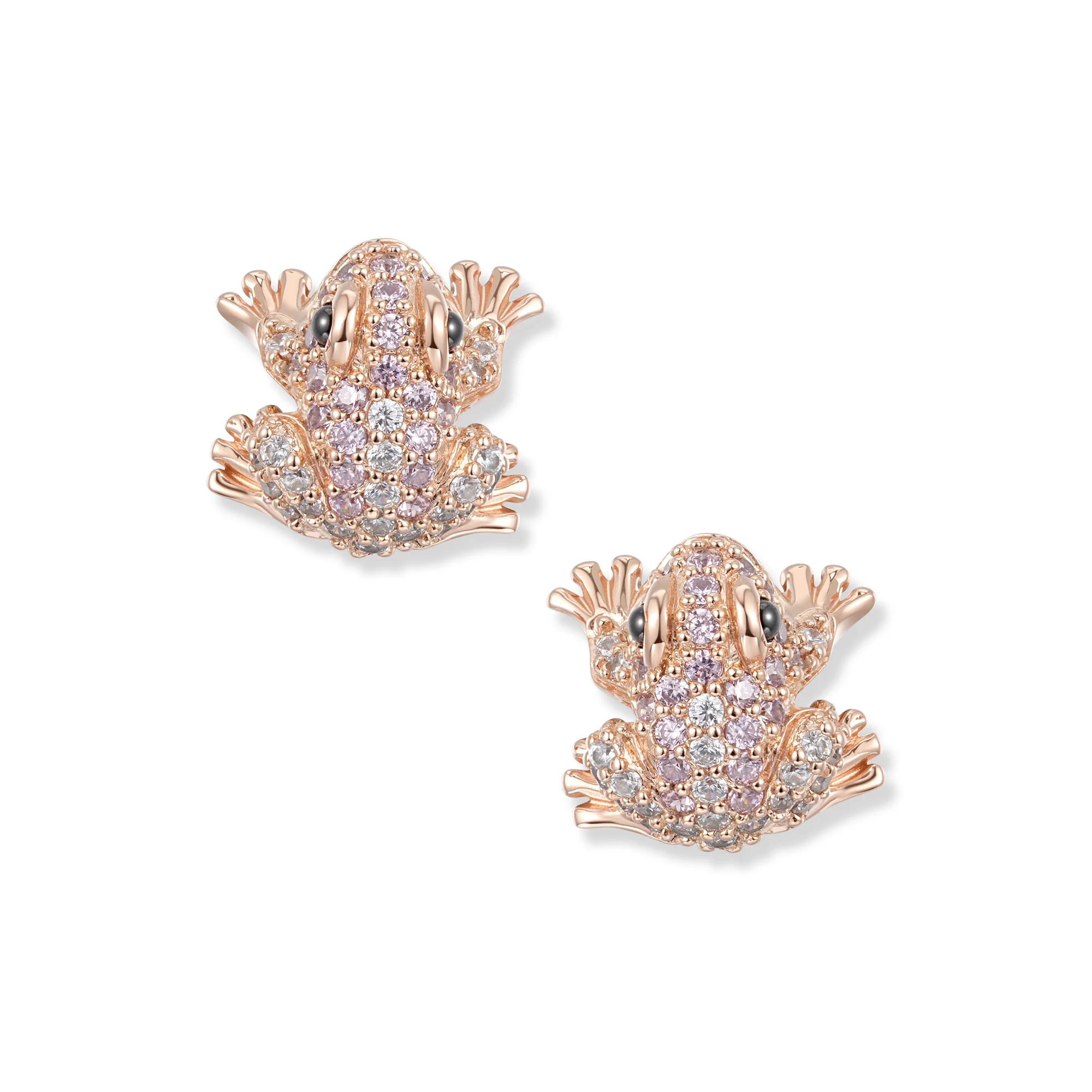 At the time, Louisa frog stud earrings, rose gold plated, with white and delicate pink cubic zirconia