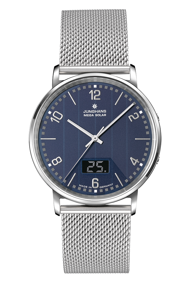 Junghans Milano Mega Solar, Milanese strap with safety clasp, multi-frequency radio-controlled solar movement, men's watch 56/4629.44