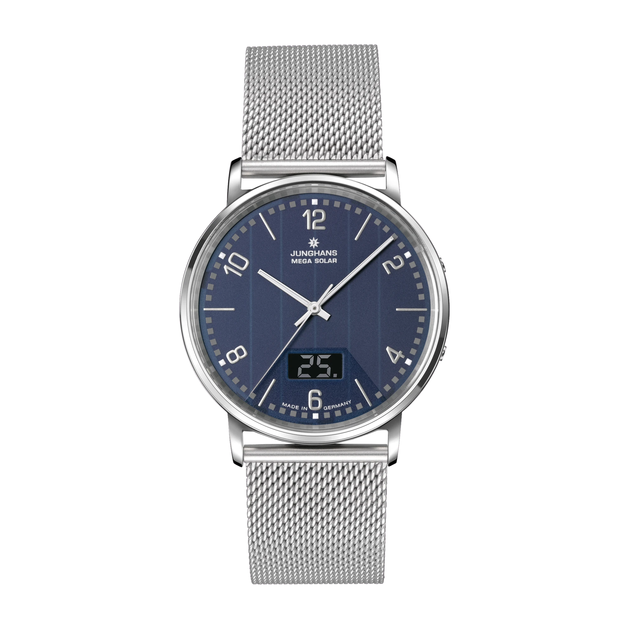 Junghans Milano Mega Solar, Milanese strap with safety clasp, multi-frequency radio-controlled solar movement, men's watch 56/4629.44
