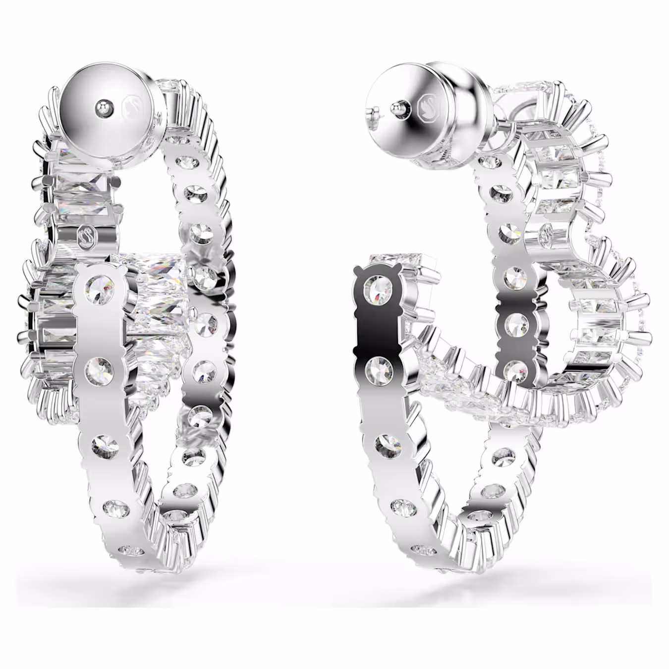 Swarovski Matrix hoop earrings, various cuts, heart, white, rhodium-plated