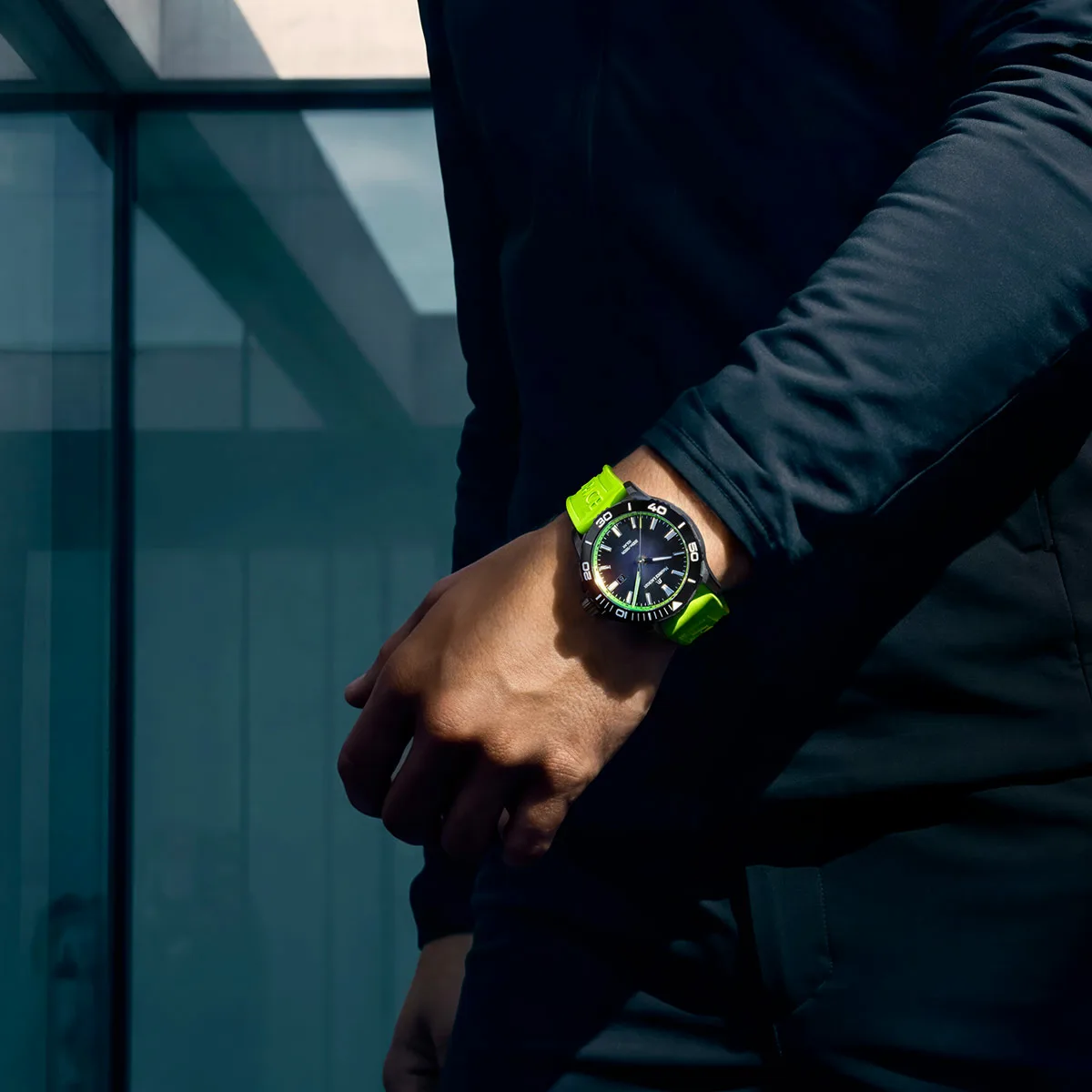 Maurice Lacroix PONTOS S SOLAR SPECIAL EDITION, 42 mm, Neon Green Rubber Strap Men's Watch PT1008-DLB00-330-5