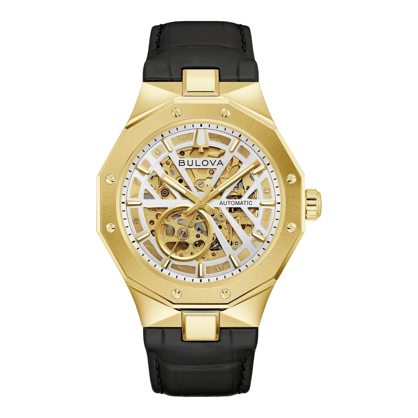 Bulova Prestige Automatic Skeleton Gold Tone Leather Men's Watch 97A206
