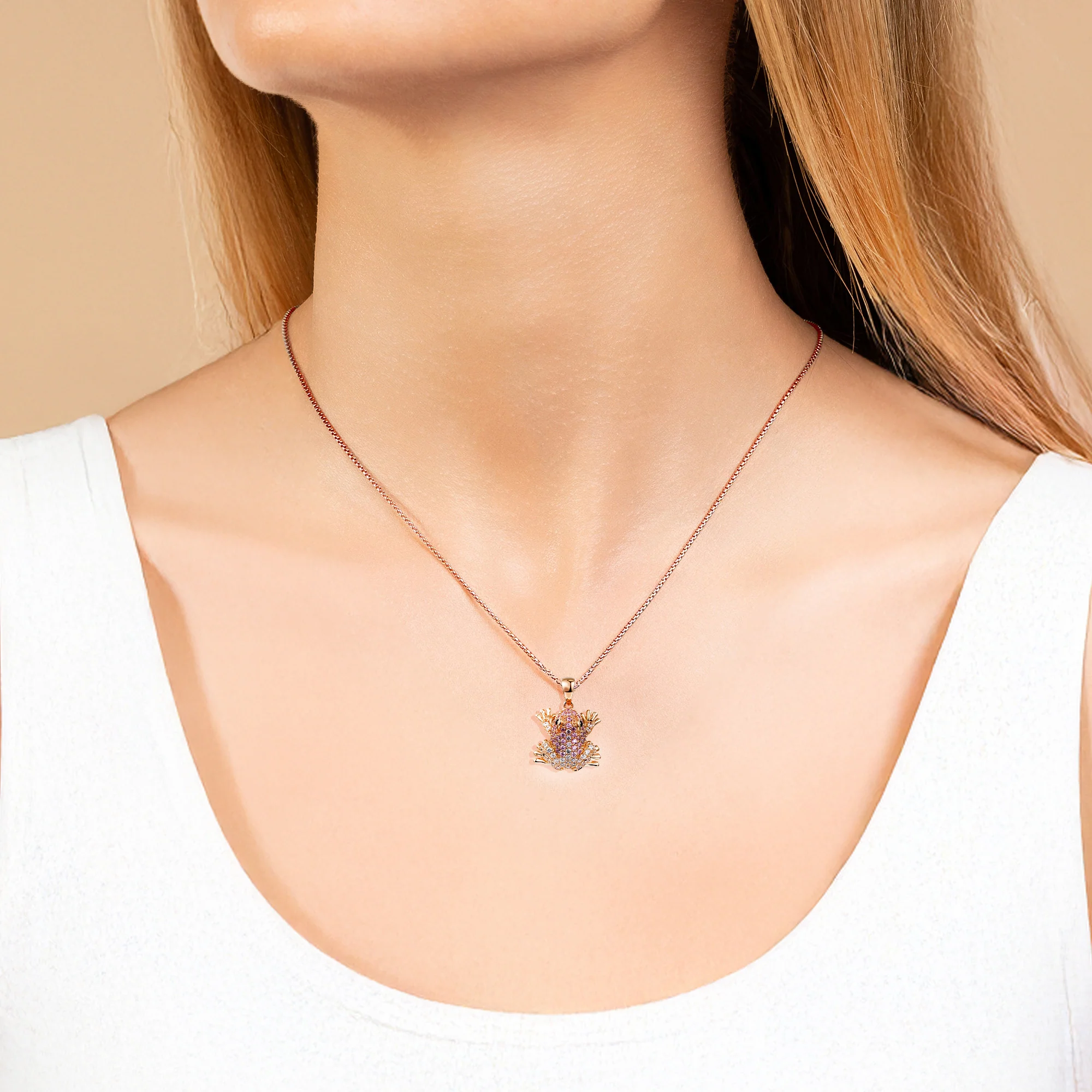 At the time, Louisa frog pendant, 18K rose gold plating, pink tones and white zirconia