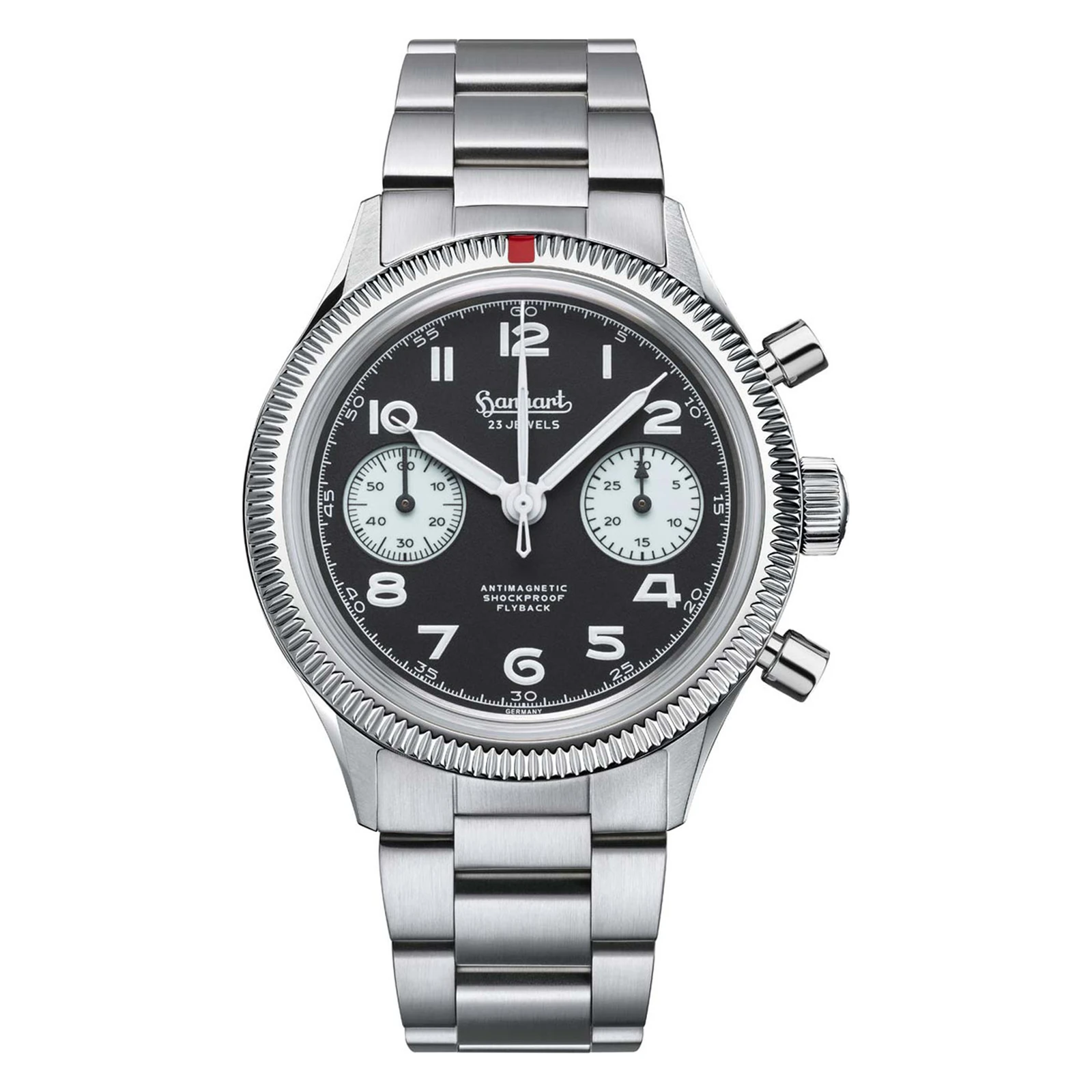 Hanhart 417 ES 1954 Flyback Reverse Panda 39 mm Steel Bracelet Silver Men's Watch H701.211-6428