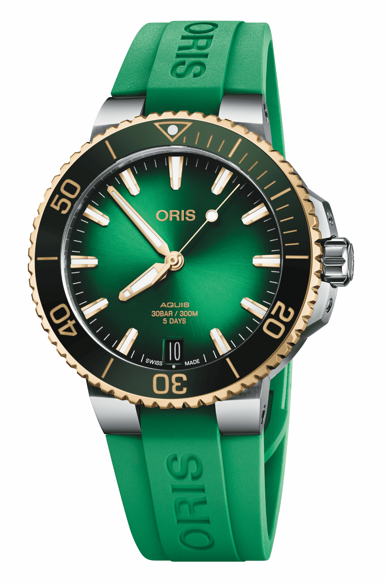 Oris Aquis Date Calibre 400, 41.5mm, rotating bezel in 18-karat yellow gold, diver's watch, green men's watch 01 400 7769 6357-07 4 22 77FC