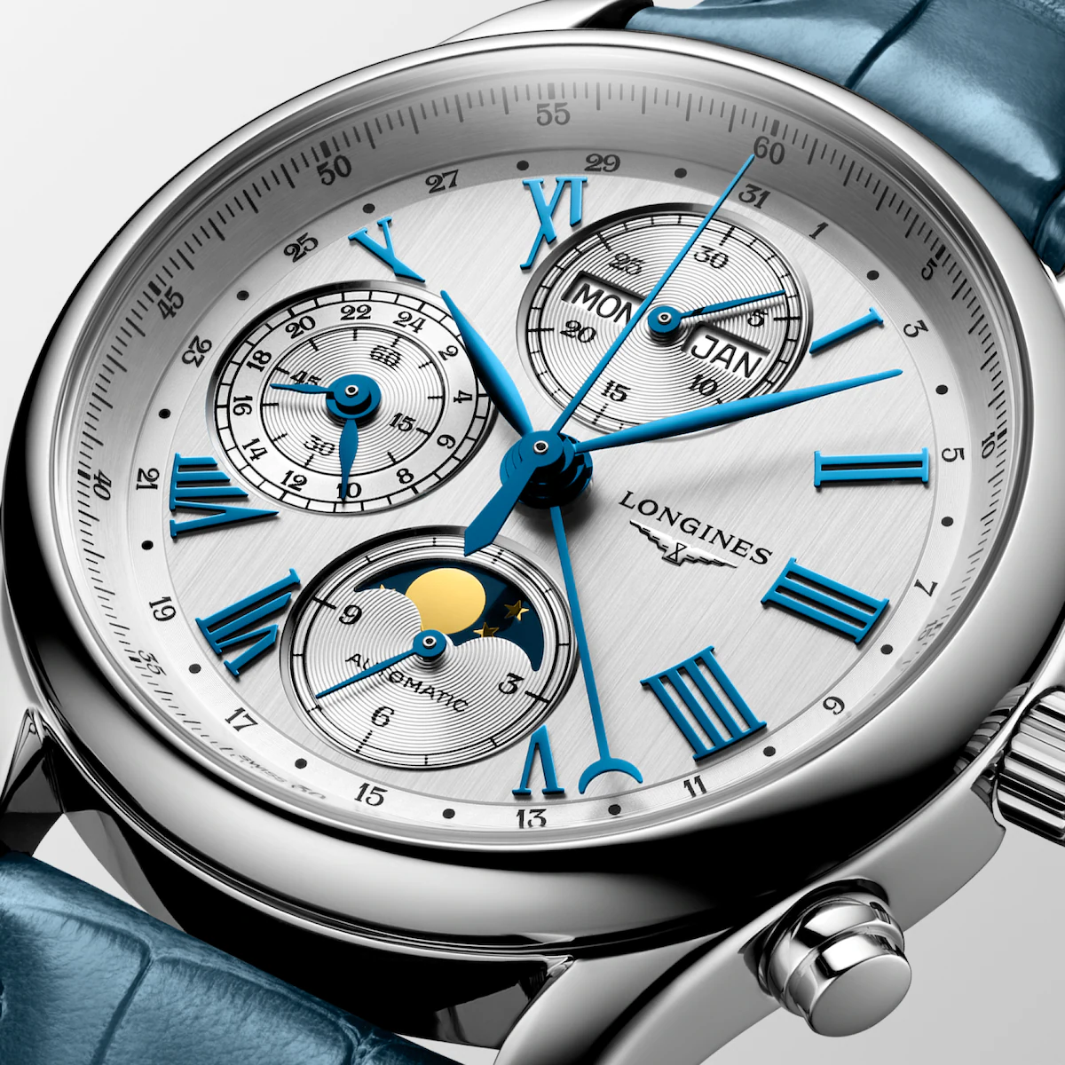 Longines Master Collection Chronograph Moon Phase Silver Leather Strap Men's Watch L2.673.4.71.2