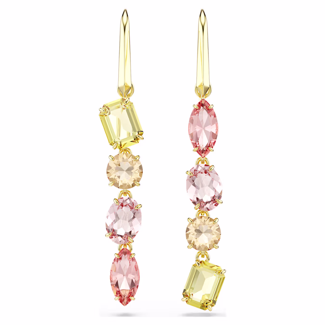 Swarovski Gema Drop Earrings, Asymmetrical Design, Various Cuts, Pink, Gold Alloy Layer