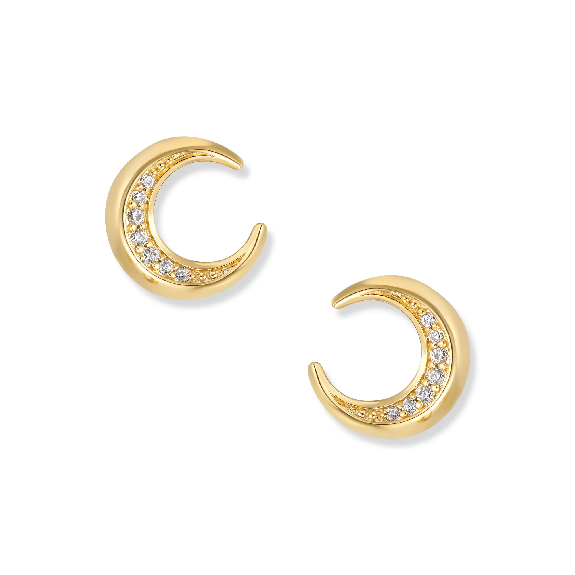 At the time, Muna Gold Moon stud earrings made of 925 sterling silver, 18K gold plated and with white cubic zirconia