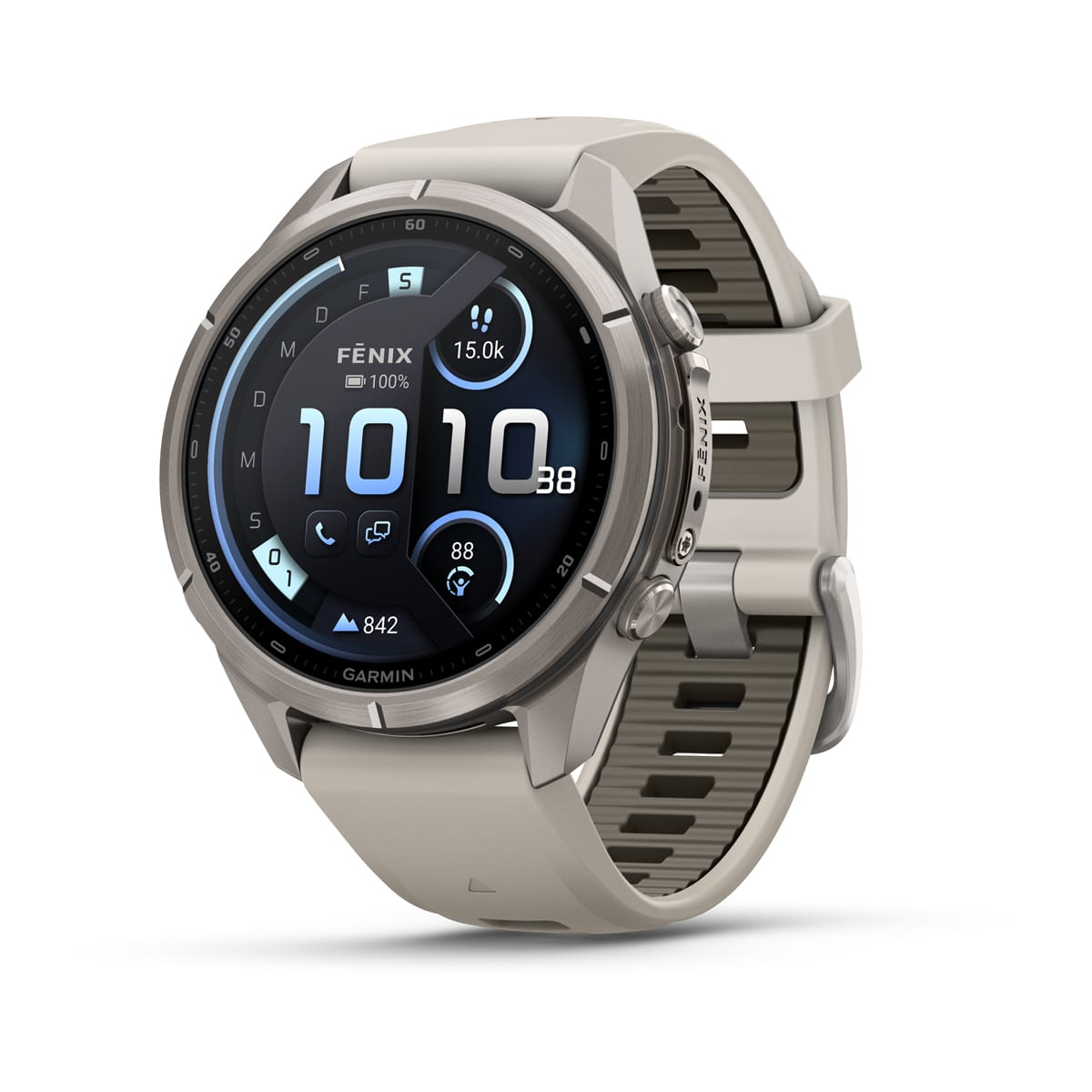 Garmin fēnix® 9 Pro inReach® - 43 mm AMOLED Sapphire Titanium with Fog Gray/Dark Sandstone Silicone Band 010-04335-81