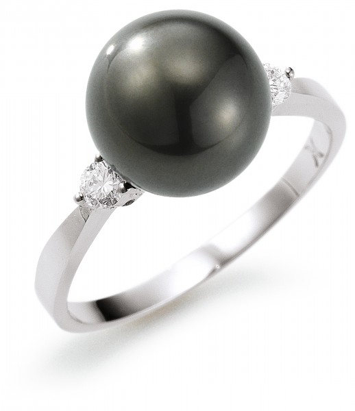 Adriana ring with Tahitian pearl and 2 diamonds white gold E22
