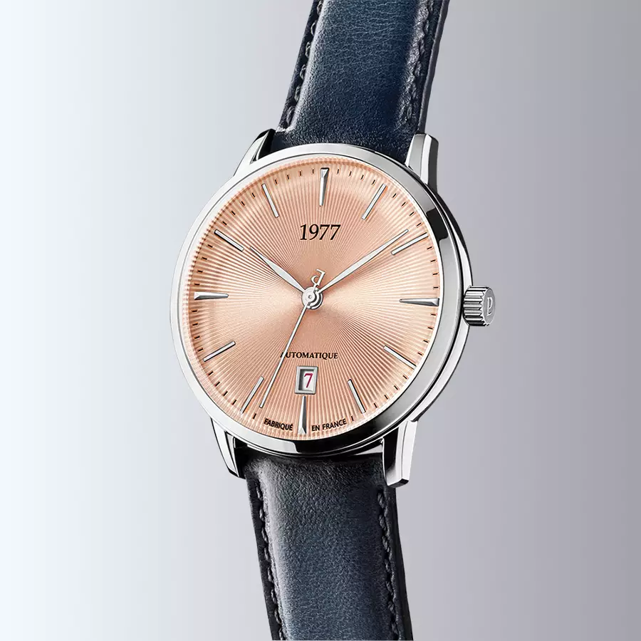 1977 EDMOND Automatique, 40 MM, Cadran Saumon, Bracelet Cuir Noir Men's Watch 1977P01156