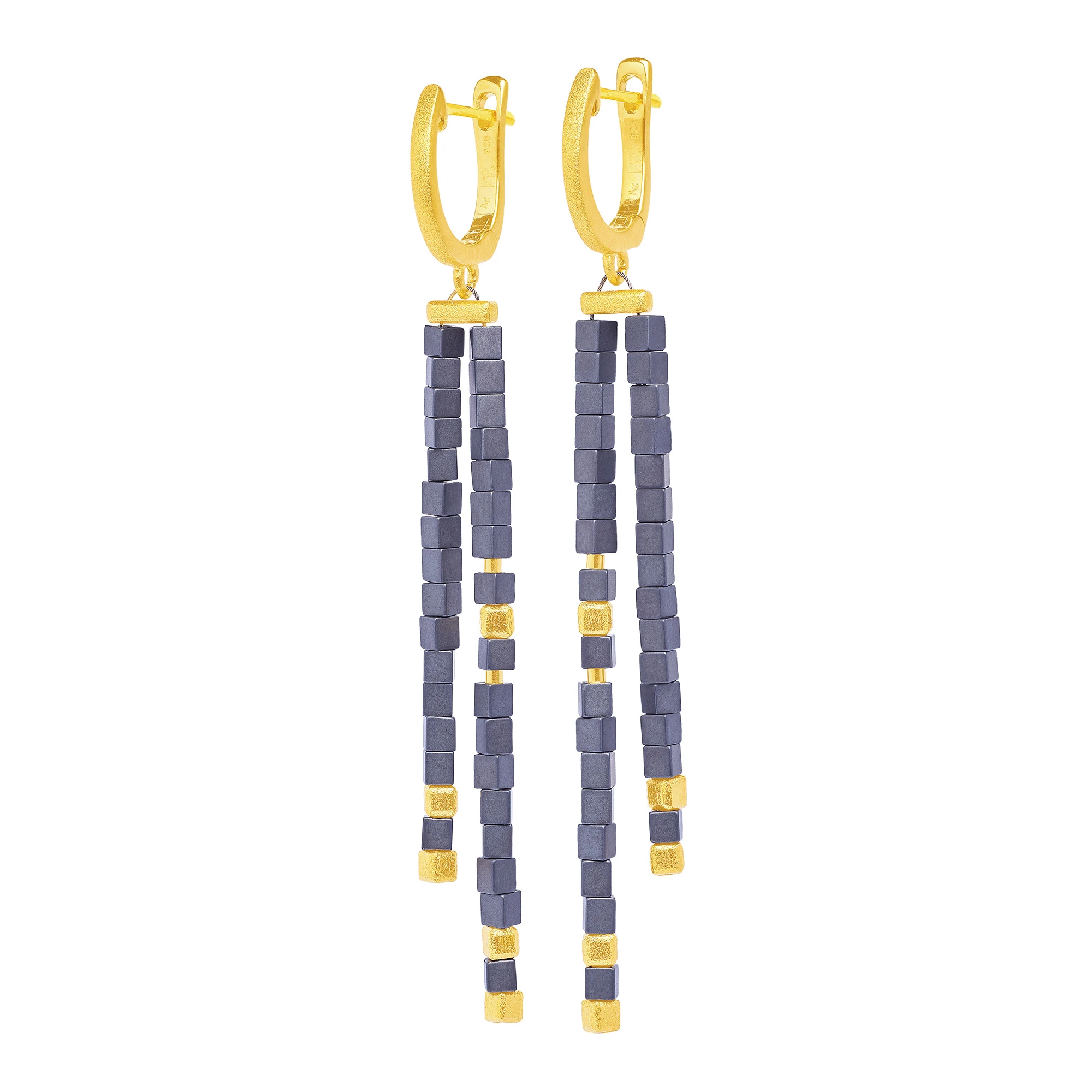 Bernd Wolf Cubilan earrings design line Cubes, polished hematite, blue, gold 1520002276