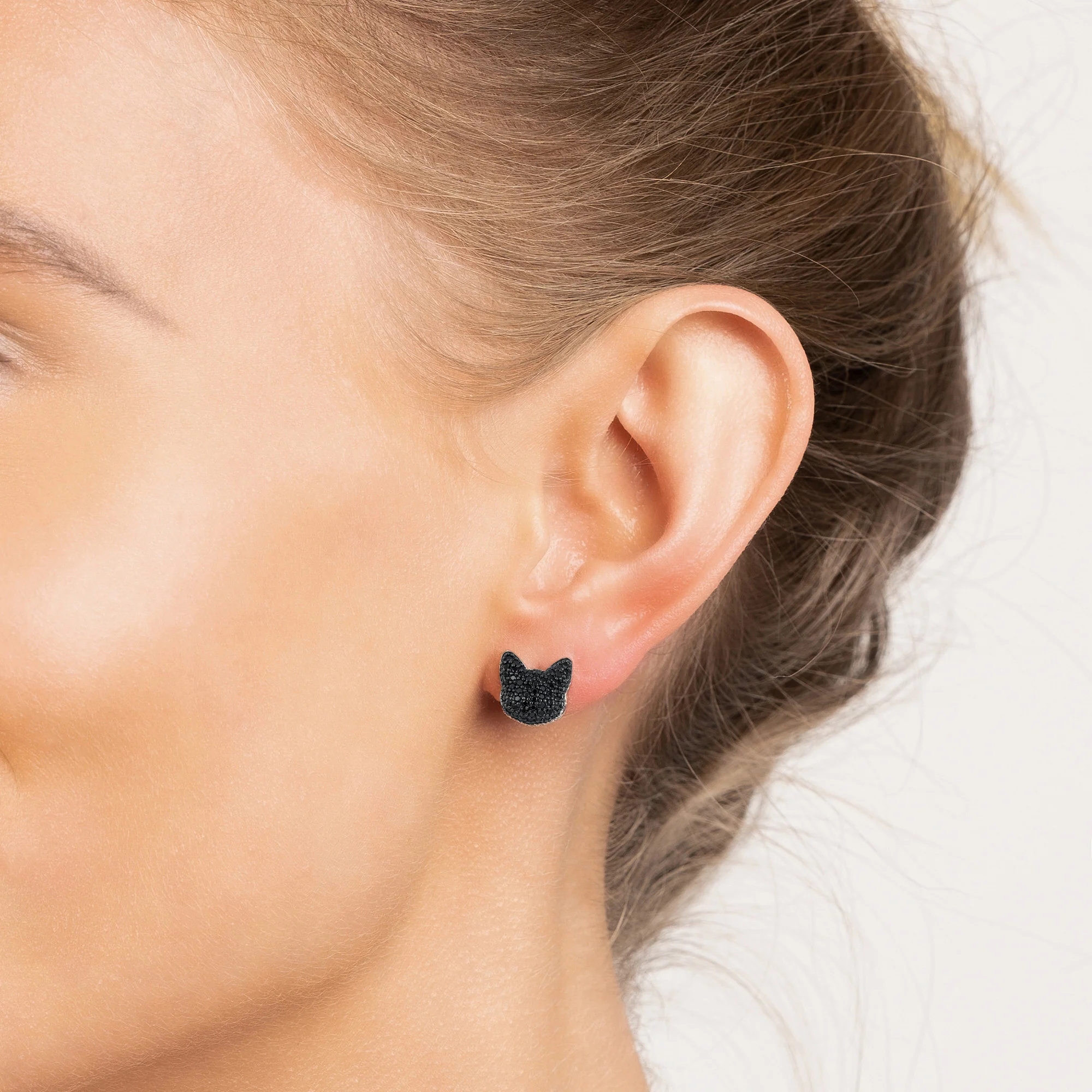 Kuro cat earrings, sterling silver with black cubic zirconia