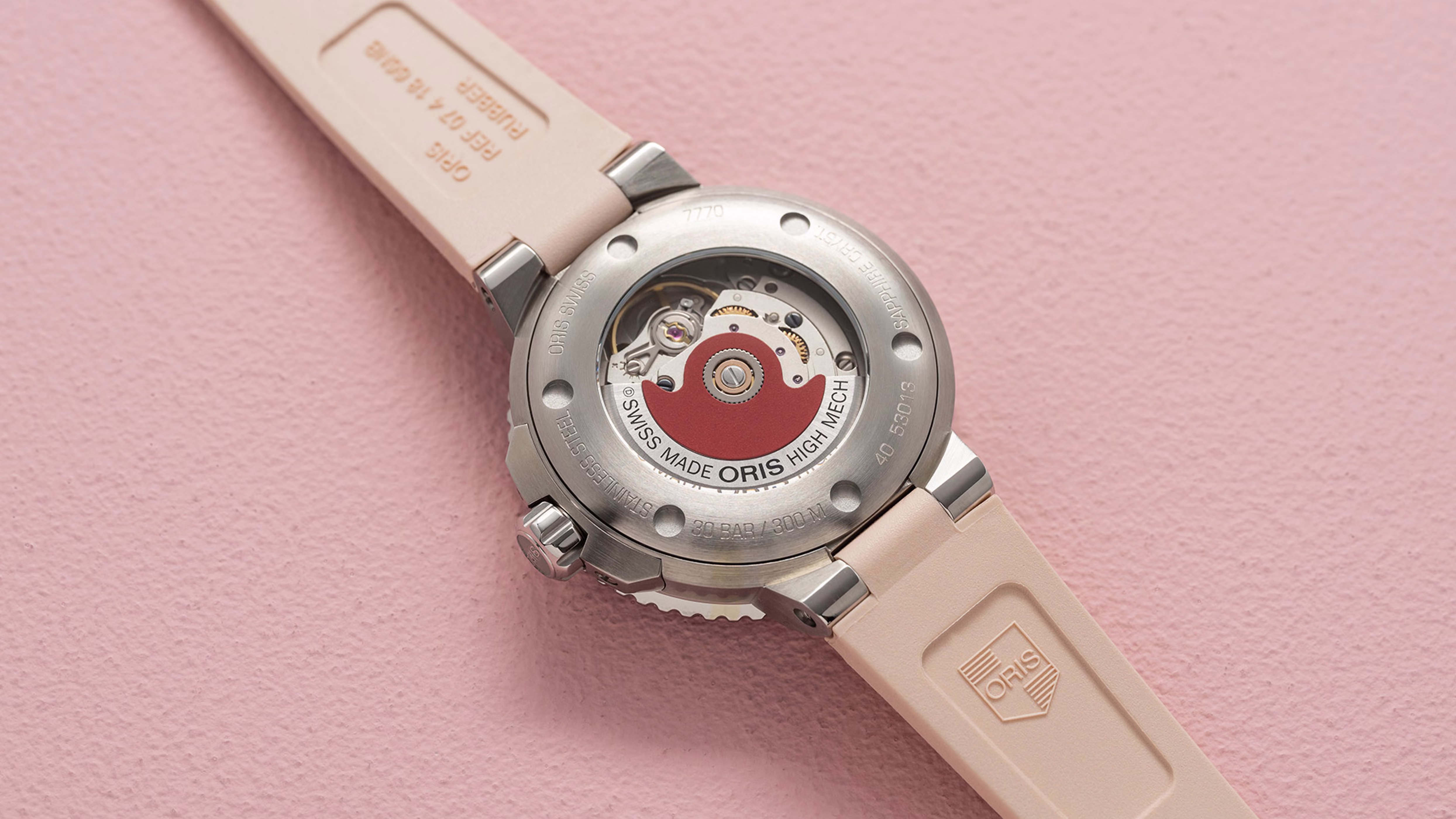 Oris Aquis Date 36.5mm, bezel with minute scale, rubber strap, mother-of-pearl red ladies' watch 01 733 7770 4158-07 4 18 66FC