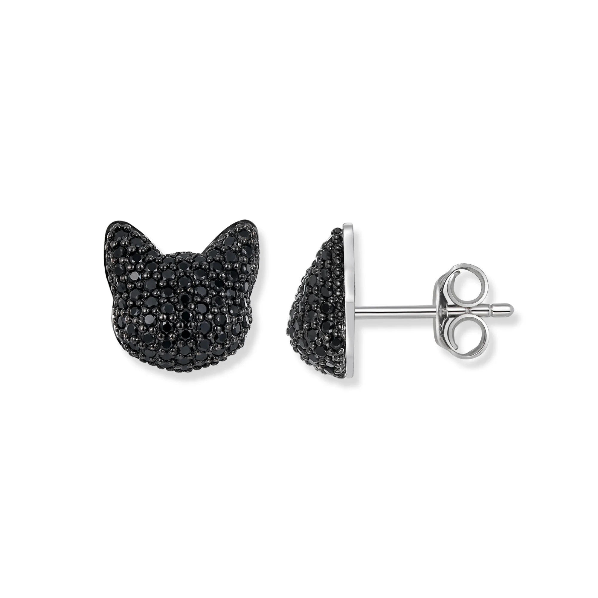 Kuro cat earrings, sterling silver with black cubic zirconia