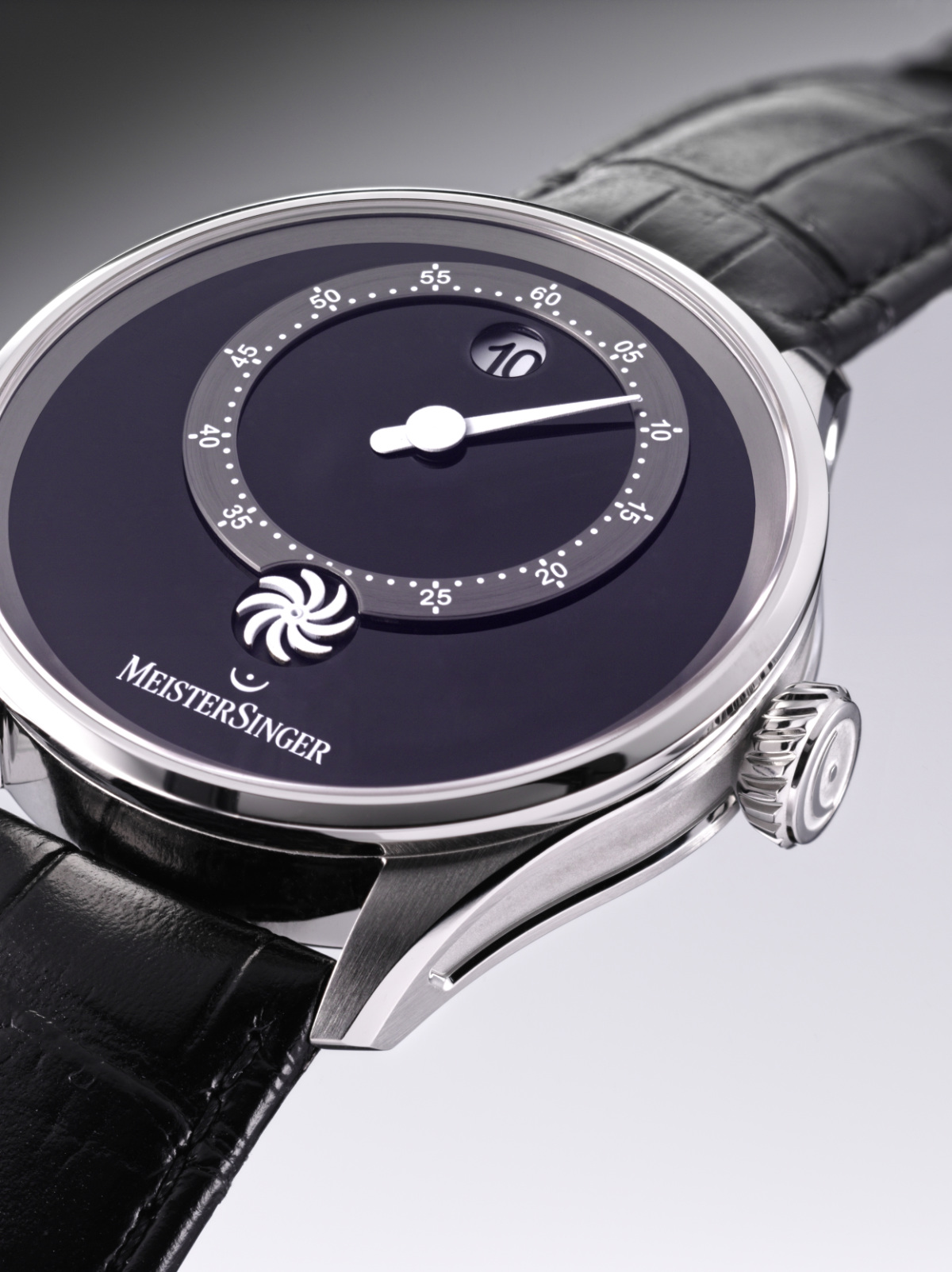 Meister Singer Panthero Jumping Hour - Black, automatic movement, cowhide leather with crocodile embossing, glossy black ladies' watch PTJH902