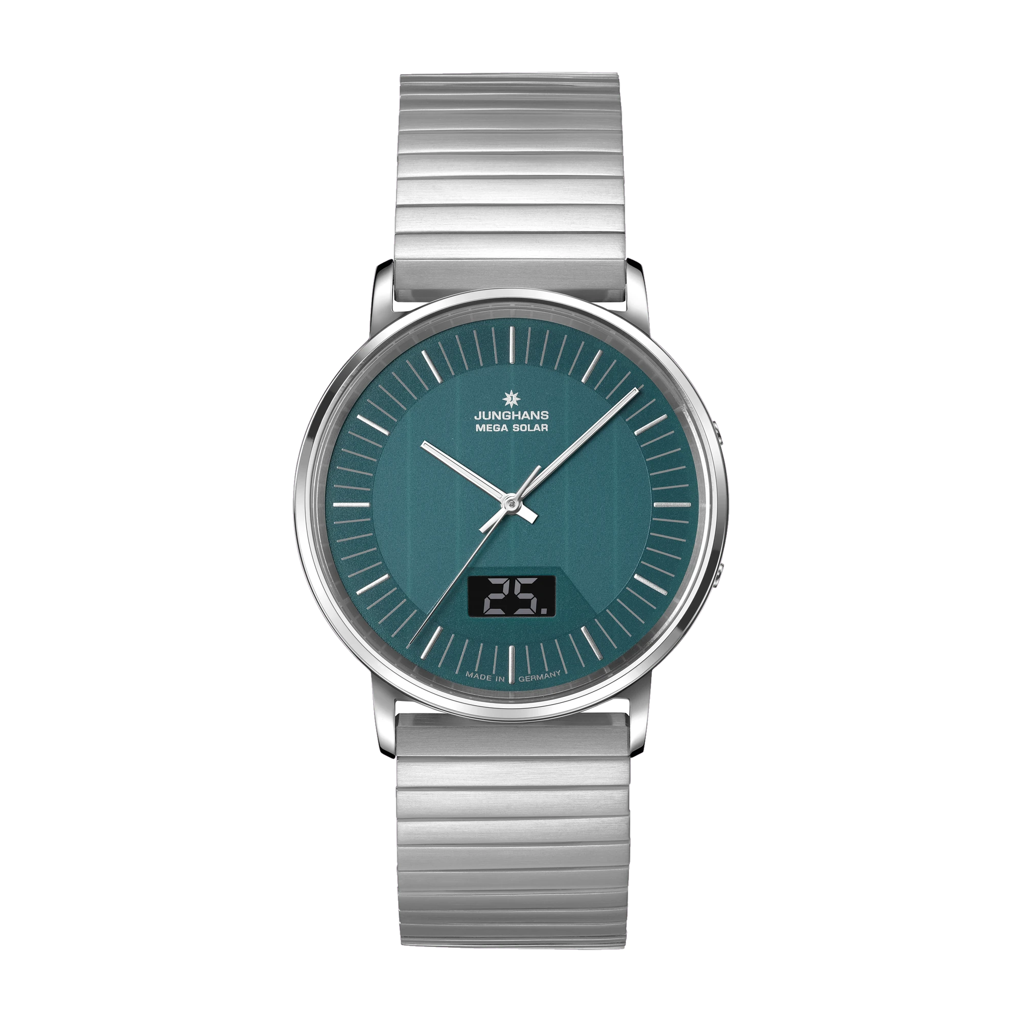 Junghans Milano Mega Solar, stainless steel bracelet with folding clasp, multi-frequency radio-controlled solar movement, men's watch 56/4621.44