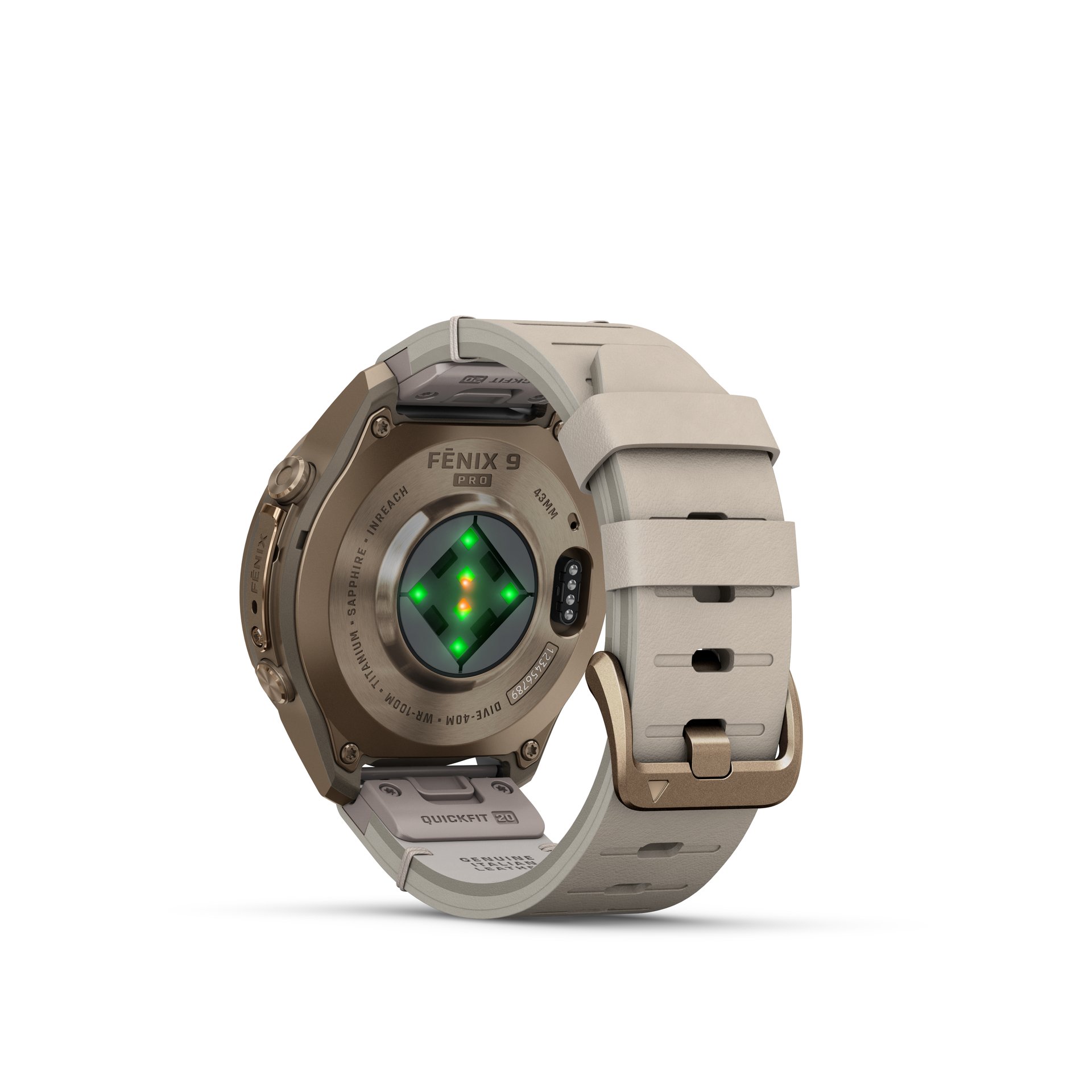 Garmin fēnix® 9 Pro inReach® - 43 mm AMOLED Sapphire Autumn Gold Titanium with Bone Leather Band + Cream/French Gray Silicone Band 010-04335-41